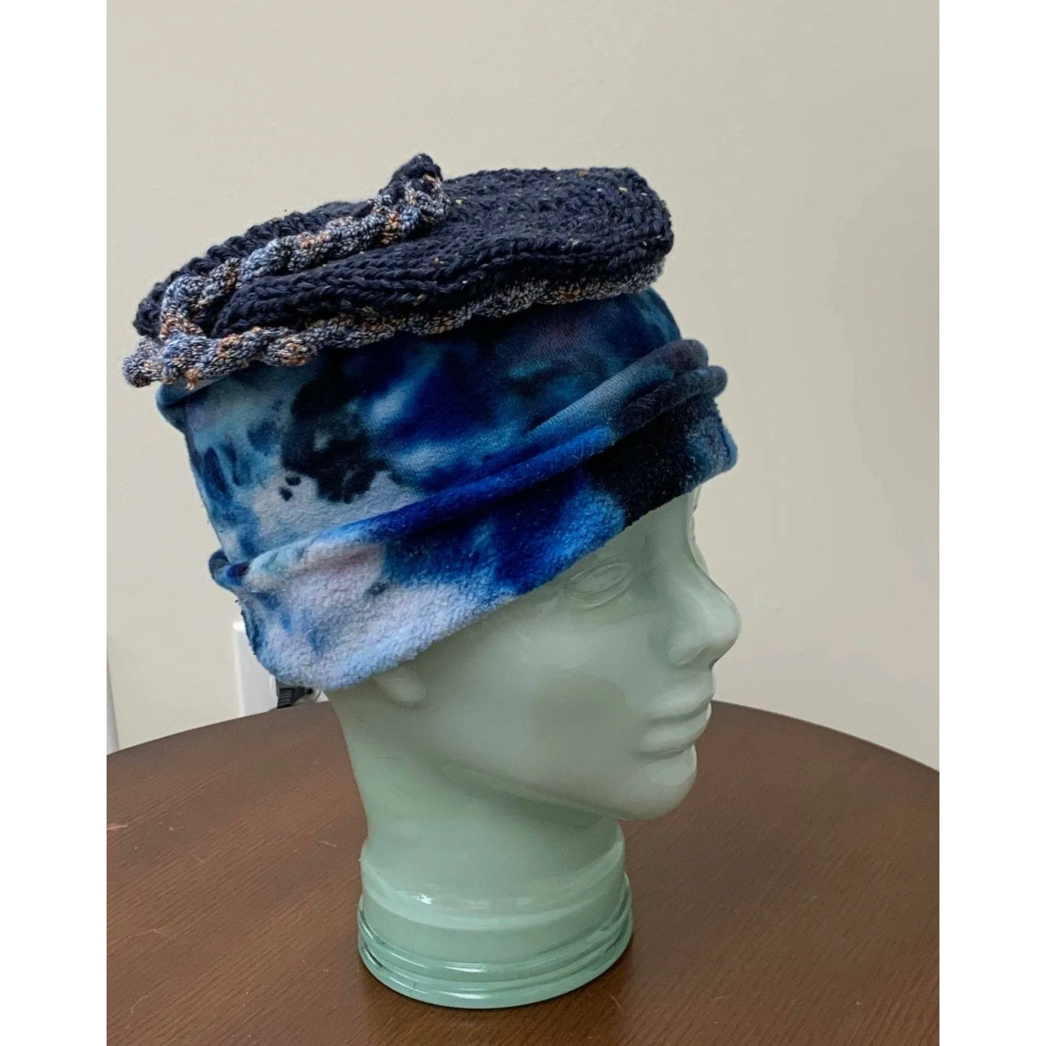 Blue tye dyed soft organic hemp into a slouchy brim warm hat with hand knit top. Free Shipping USA. NO wool.