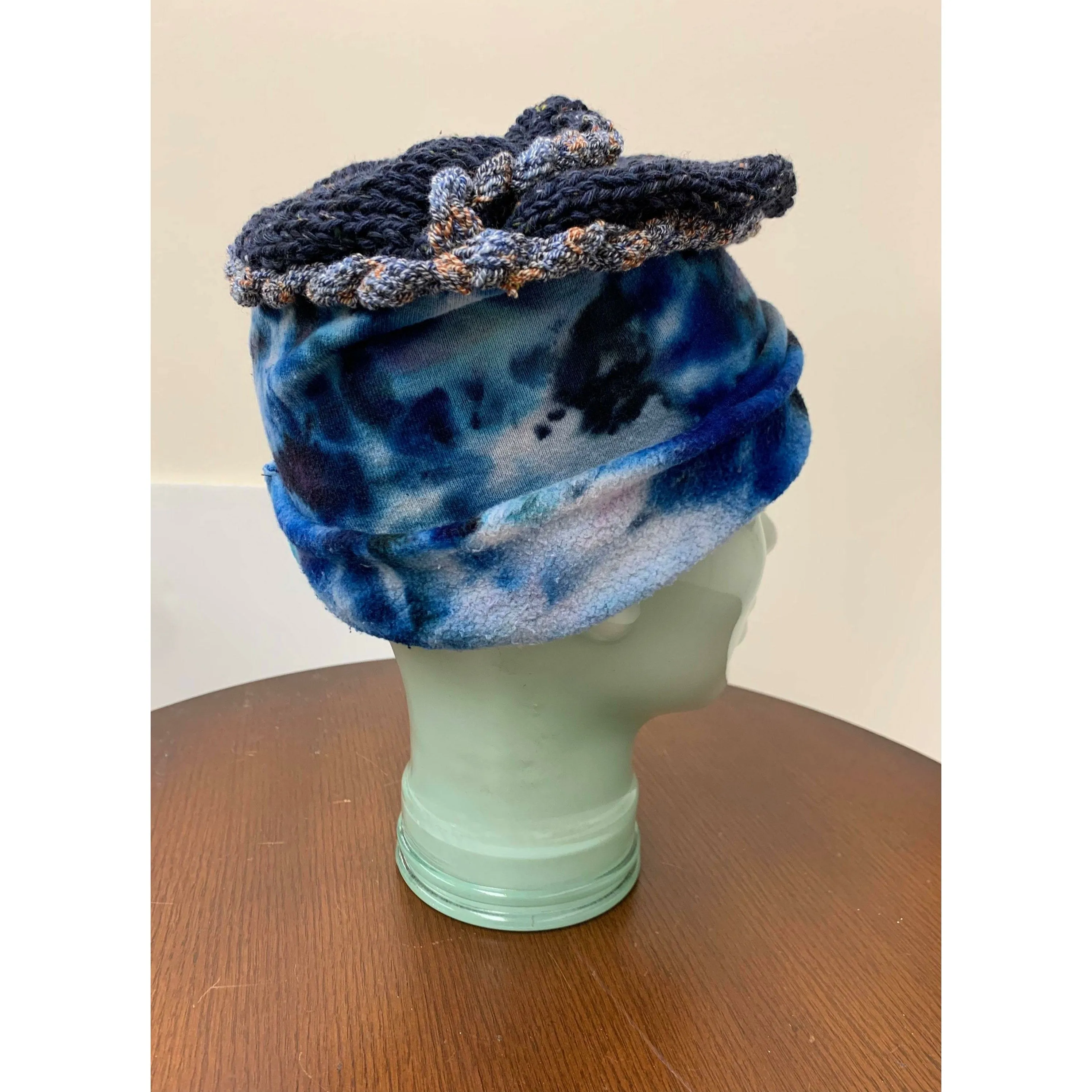 Blue tye dyed soft organic hemp into a slouchy brim warm hat with hand knit top. Free Shipping USA. NO wool.