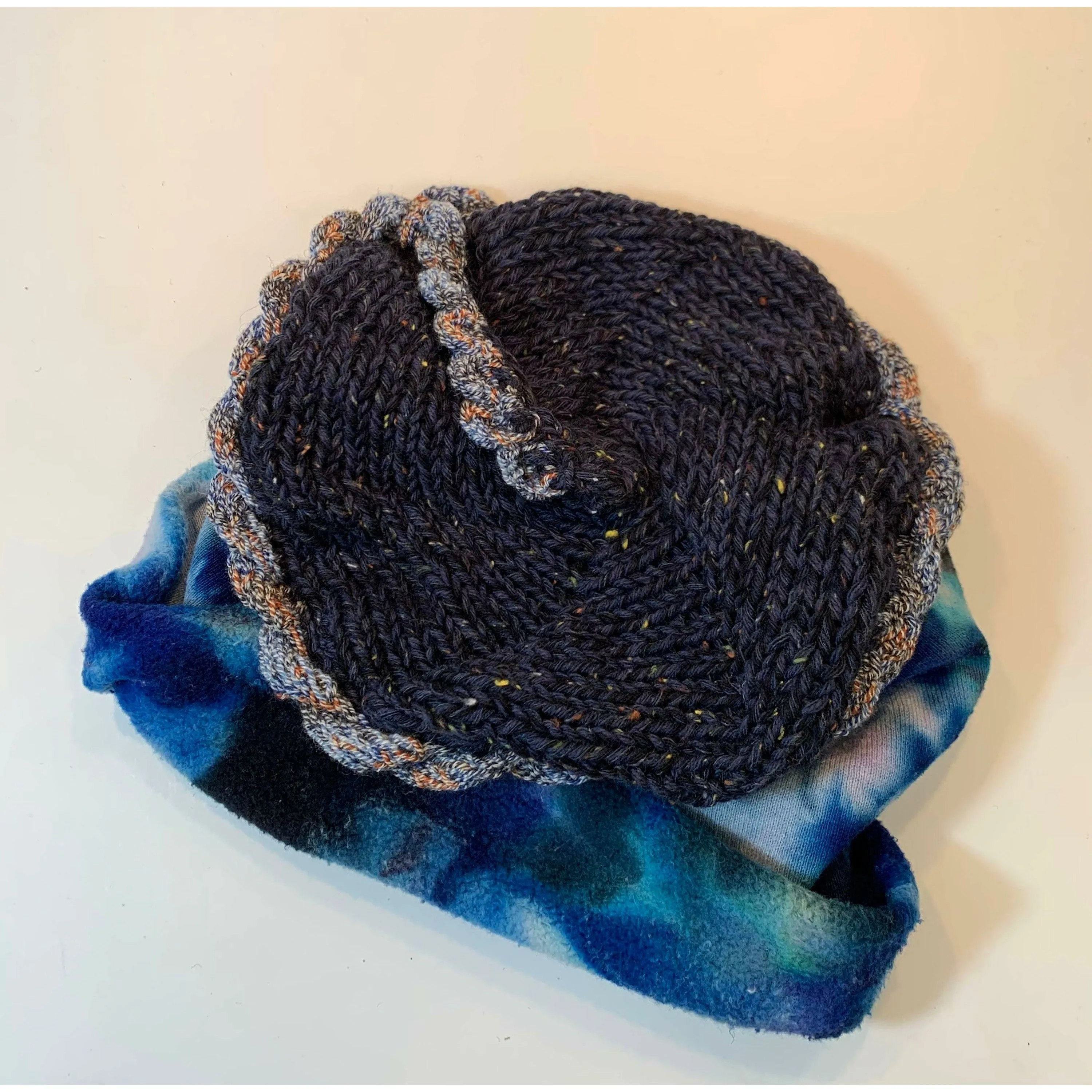 Blue tye dyed soft organic hemp into a slouchy brim warm hat with hand knit top. Free Shipping USA. NO wool.