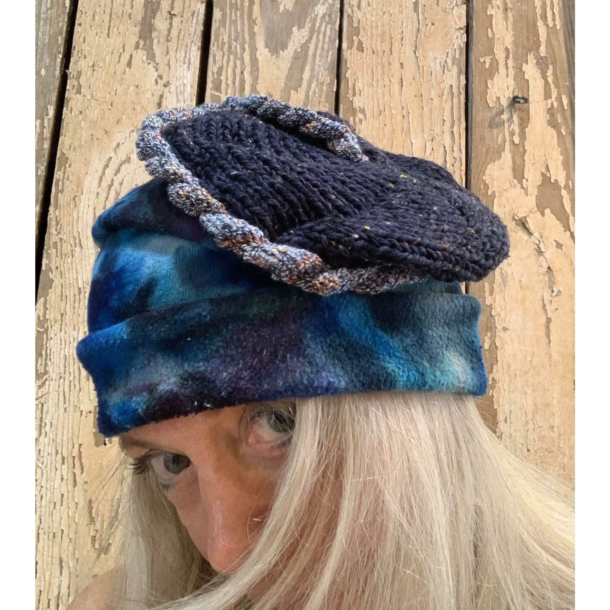 Blue tye dyed soft organic hemp into a slouchy brim warm hat with hand knit top. Free Shipping USA. NO wool.