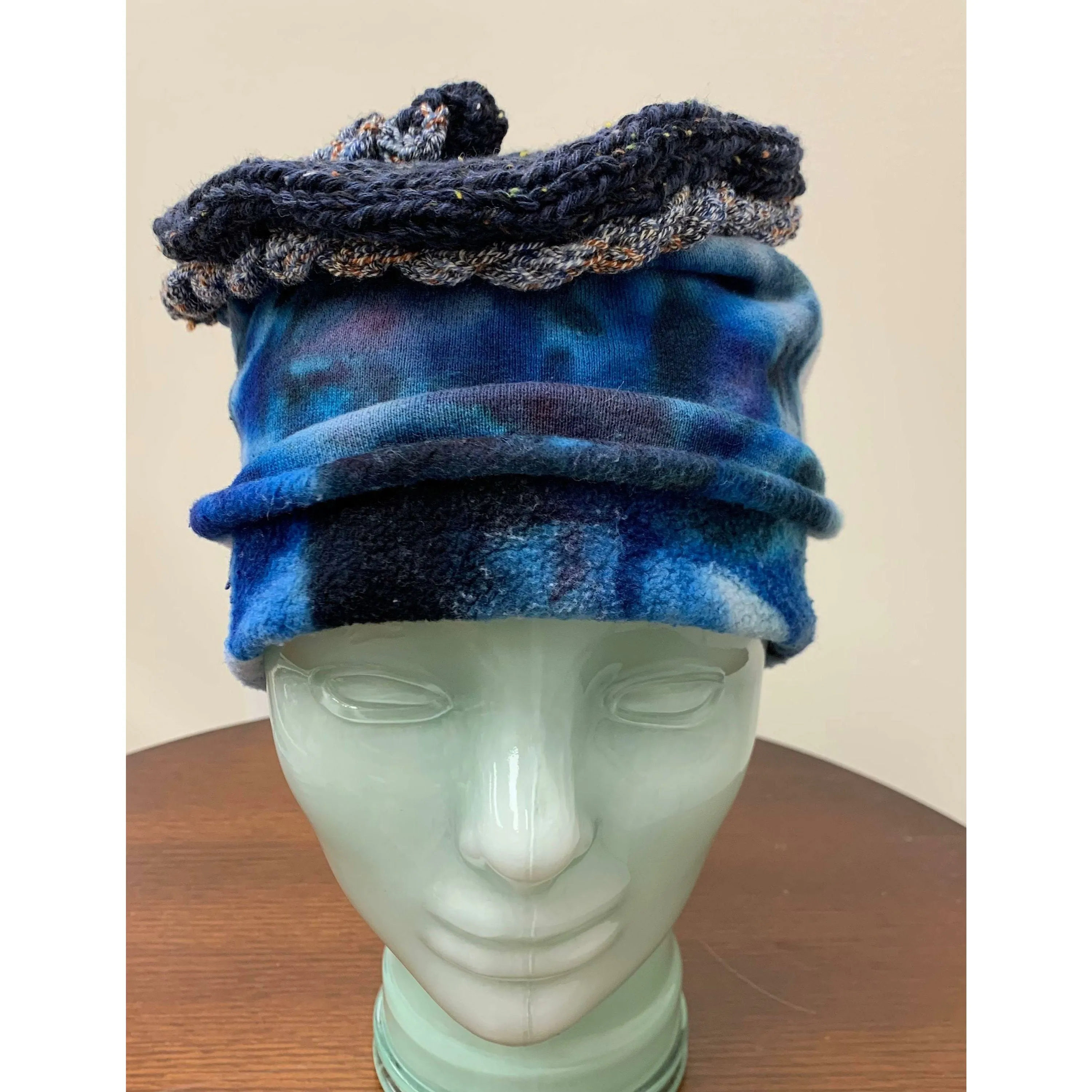 Blue tye dyed soft organic hemp into a slouchy brim warm hat with hand knit top. Free Shipping USA. NO wool.