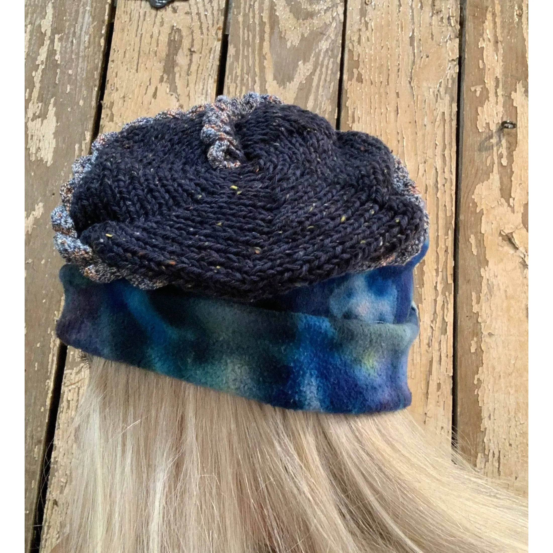 Blue tye dyed soft organic hemp into a slouchy brim warm hat with hand knit top. Free Shipping USA. NO wool.