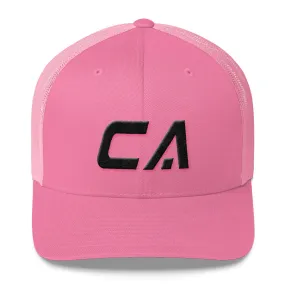 California - Mesh Back Trucker Cap - Black Embroidery - CA - Many Hat Color Options Available