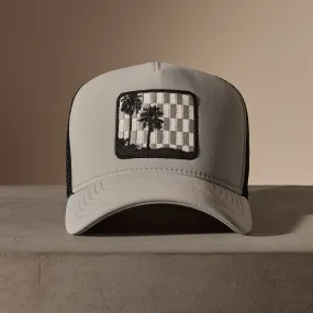 Checkered Palm Embroidered Trucker Hat - Pale Grey