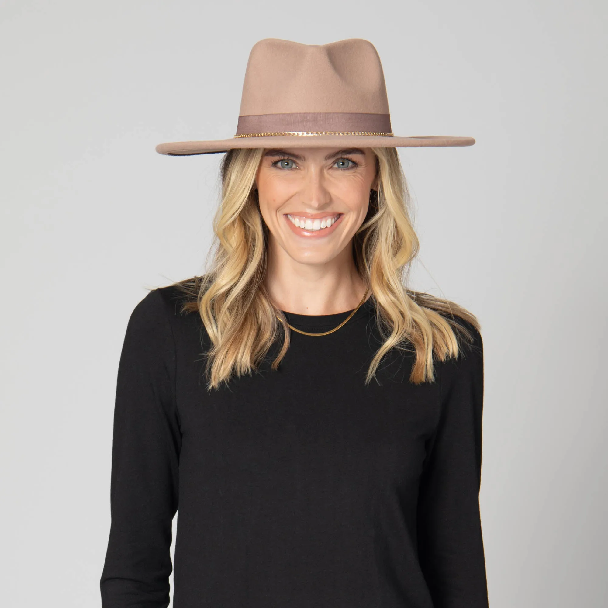 Mia - Faux Felt Fedora with Pinch Crown and Gold Trim Band