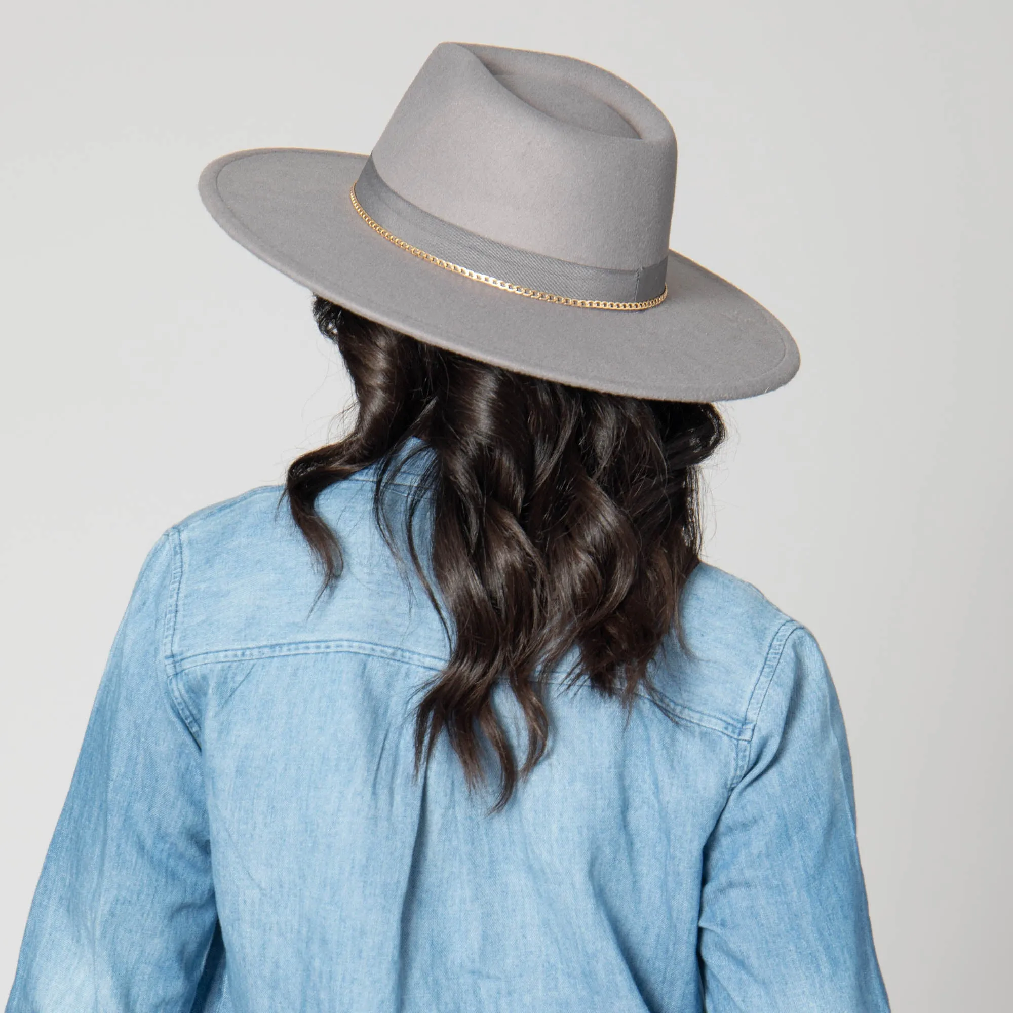 Mia - Faux Felt Fedora with Pinch Crown and Gold Trim Band