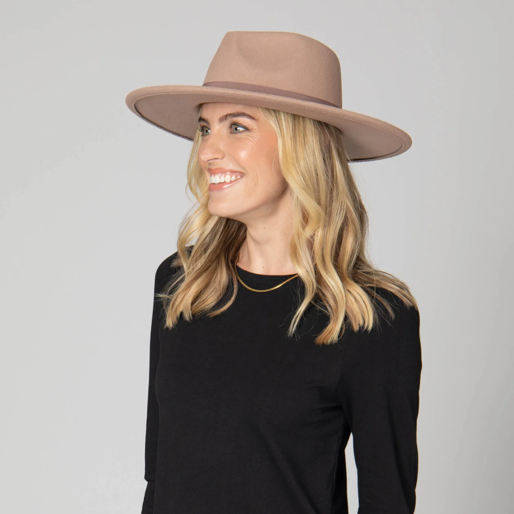 Mia - Faux Felt Fedora with Pinch Crown and Gold Trim Band