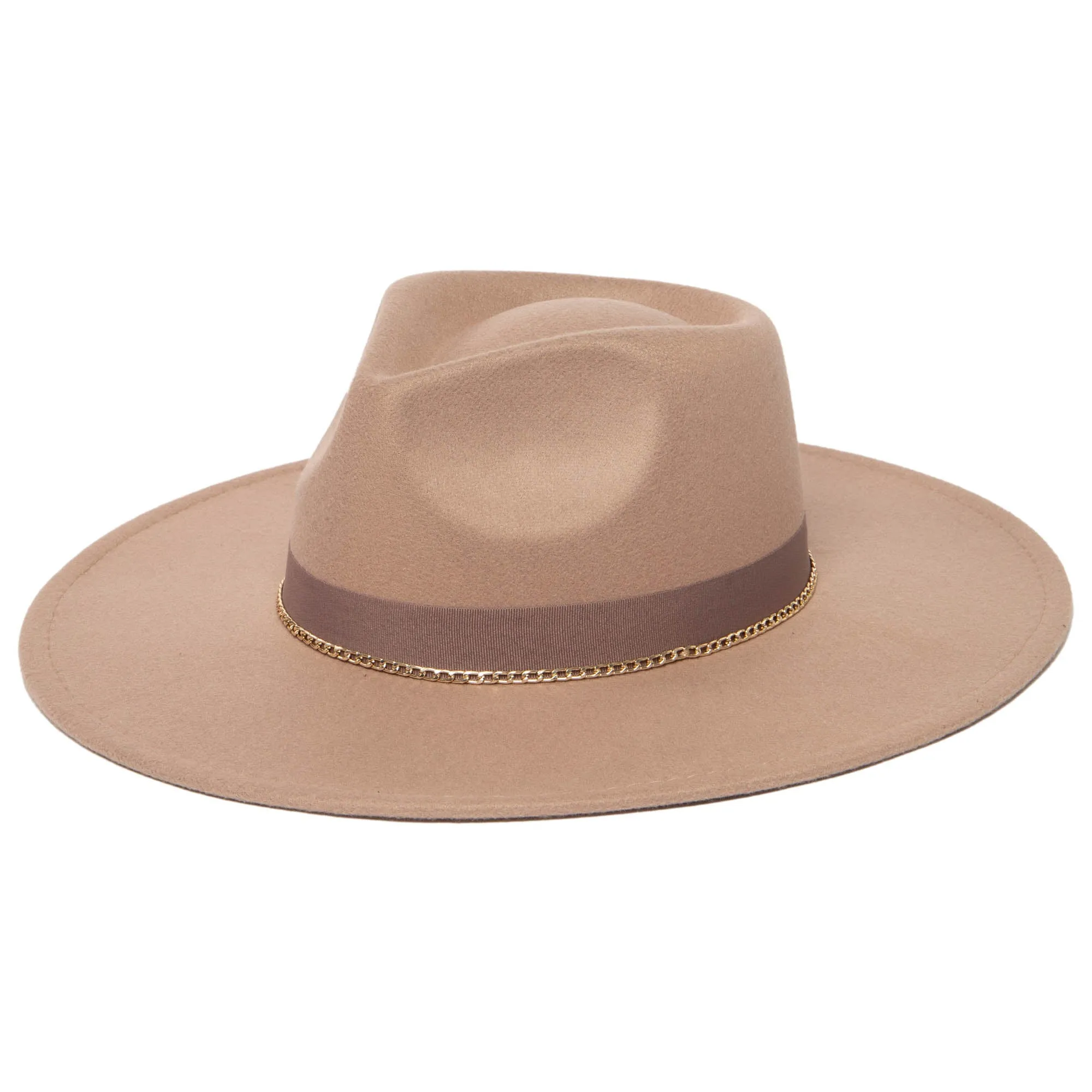 Mia - Faux Felt Fedora with Pinch Crown and Gold Trim Band