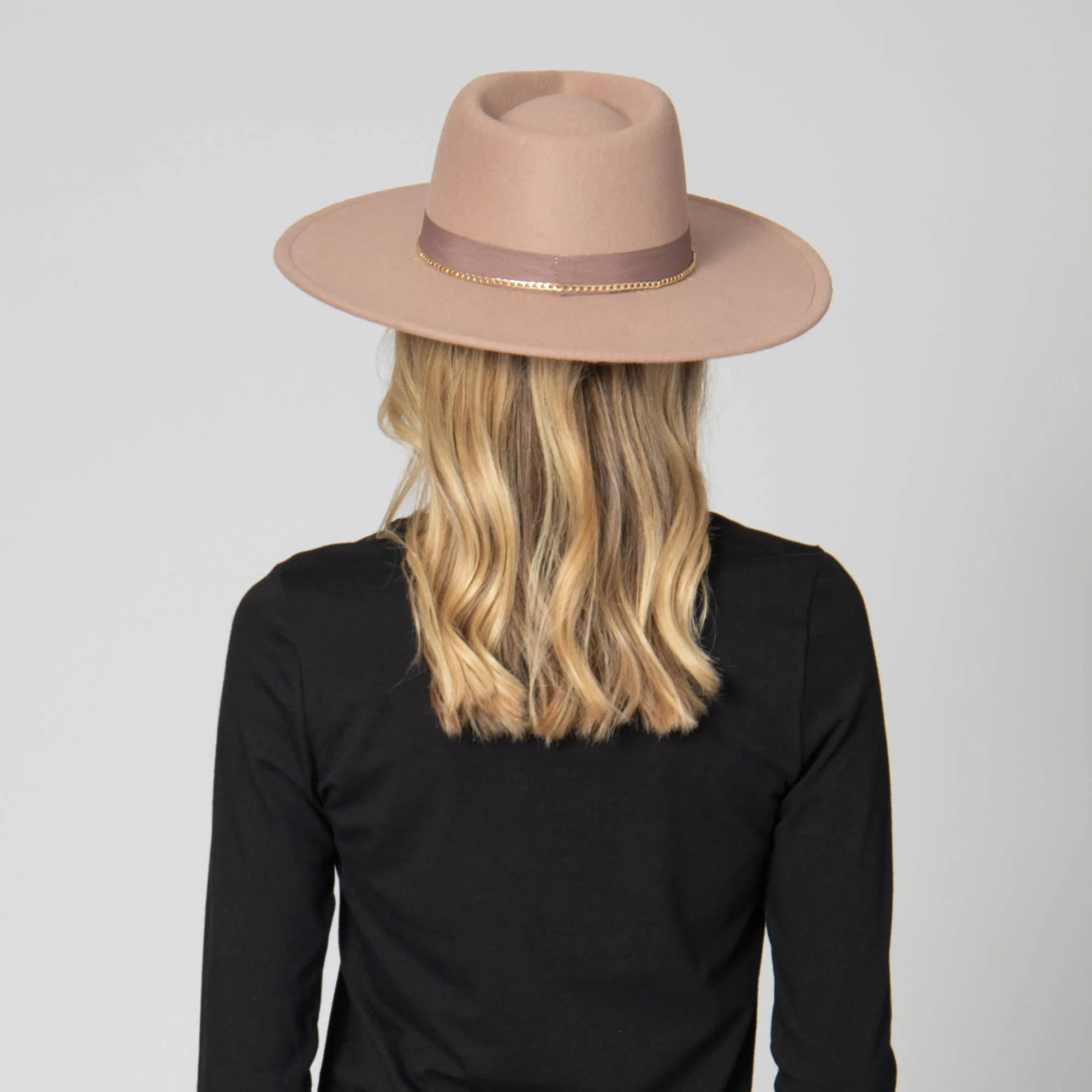 Mia - Faux Felt Fedora with Pinch Crown and Gold Trim Band