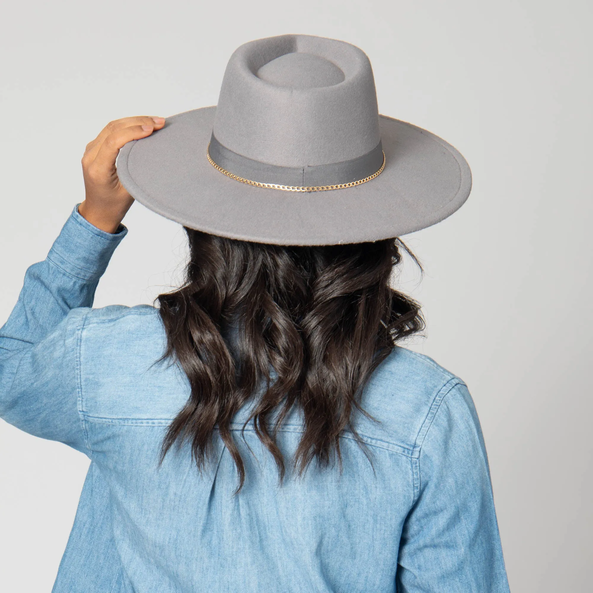 Mia - Faux Felt Fedora with Pinch Crown and Gold Trim Band