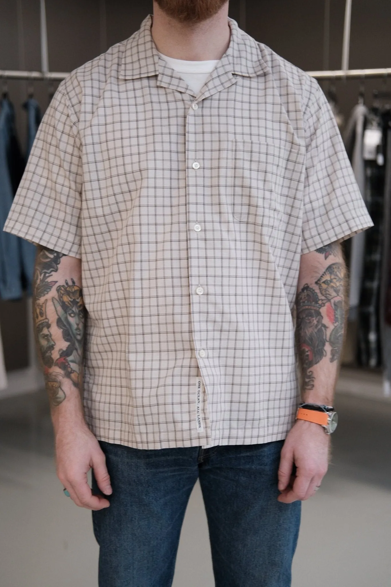 Open collar Panama Plaid S/S Shirt Beige