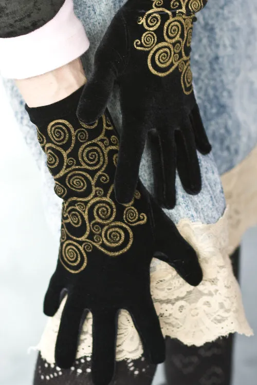 Polonova Glamorous Klimt-Inspired Spiral Velvet Evening Gloves