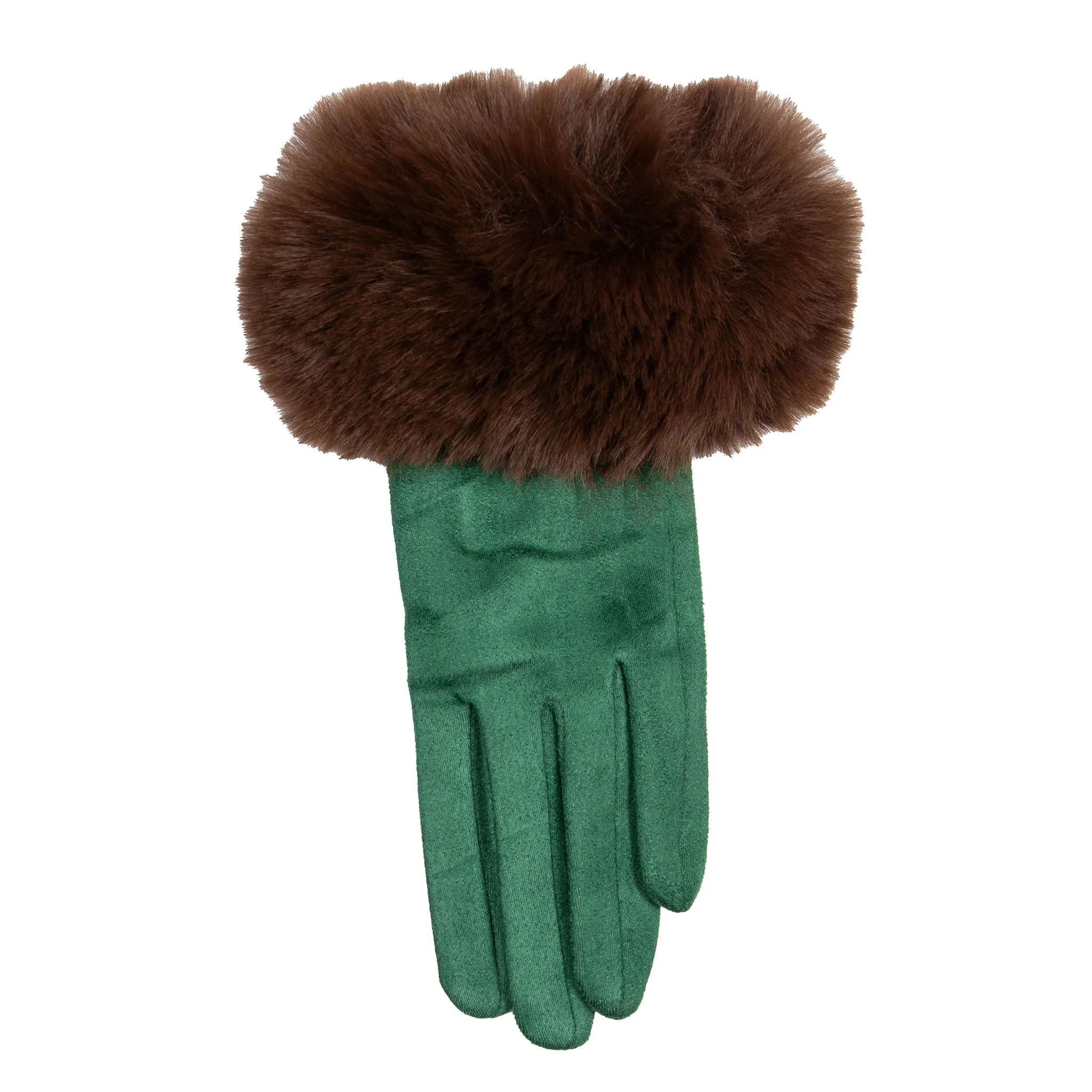 Women's Touchscreen Velour-Lined Faux Suede Gloves with Faux Fur Cuffs