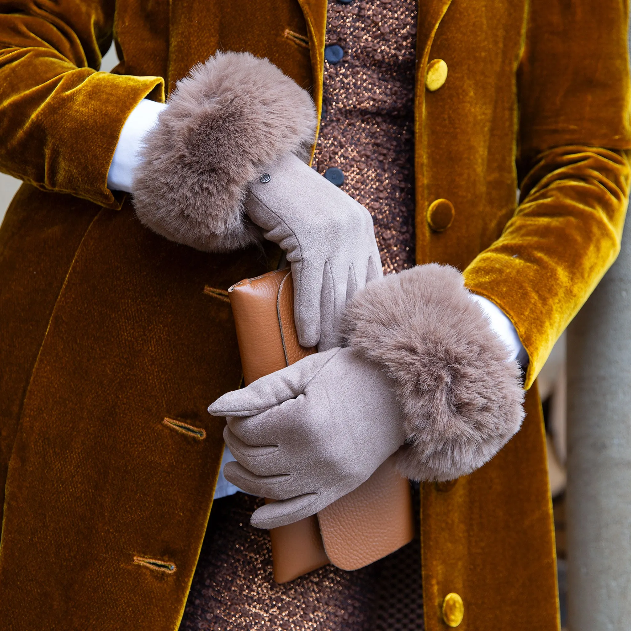 Women's Touchscreen Velour-Lined Faux Suede Gloves with Faux Fur Cuffs