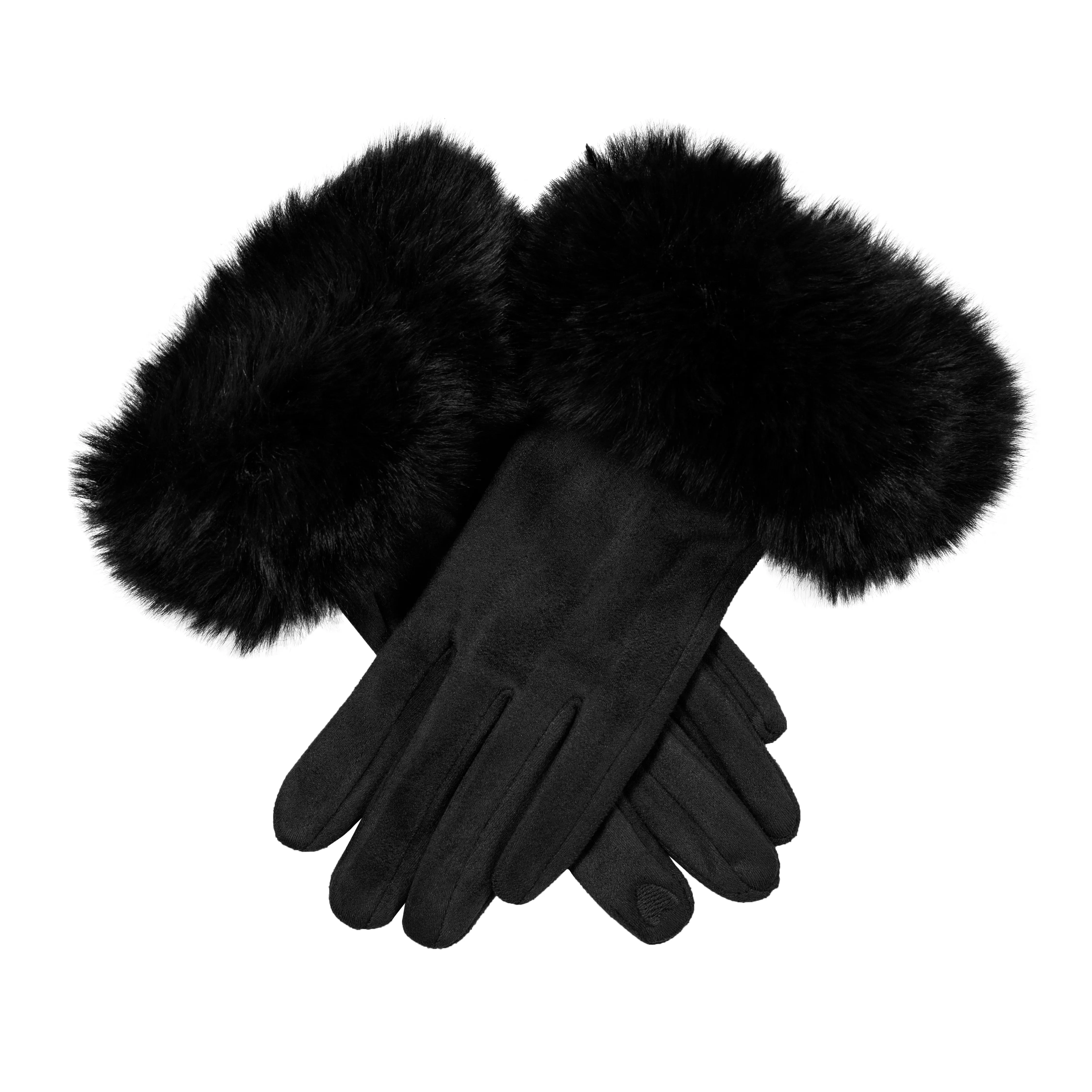 Women's Touchscreen Velour-Lined Faux Suede Gloves with Faux Fur Cuffs