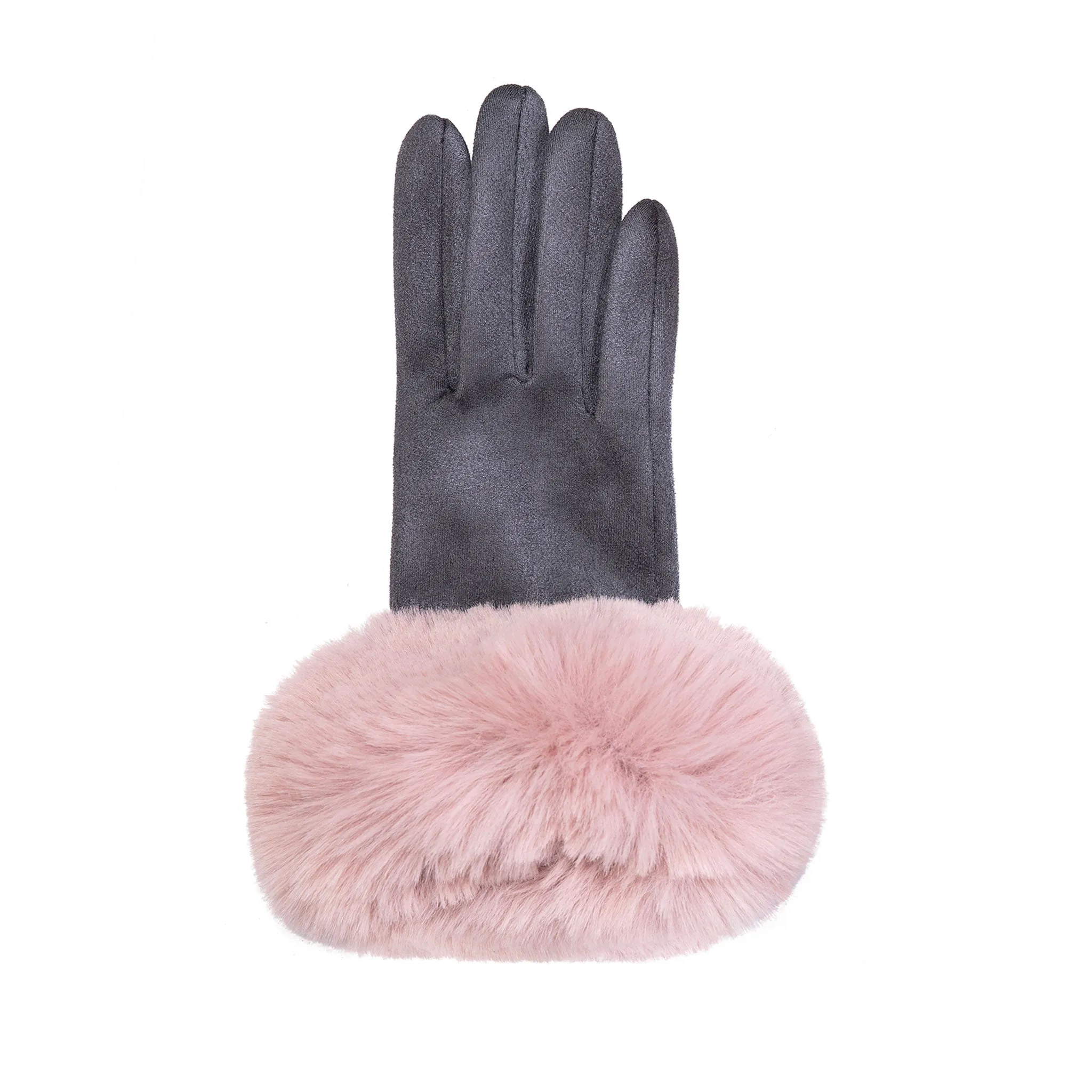 Women's Touchscreen Velour-Lined Faux Suede Gloves with Faux Fur Cuffs