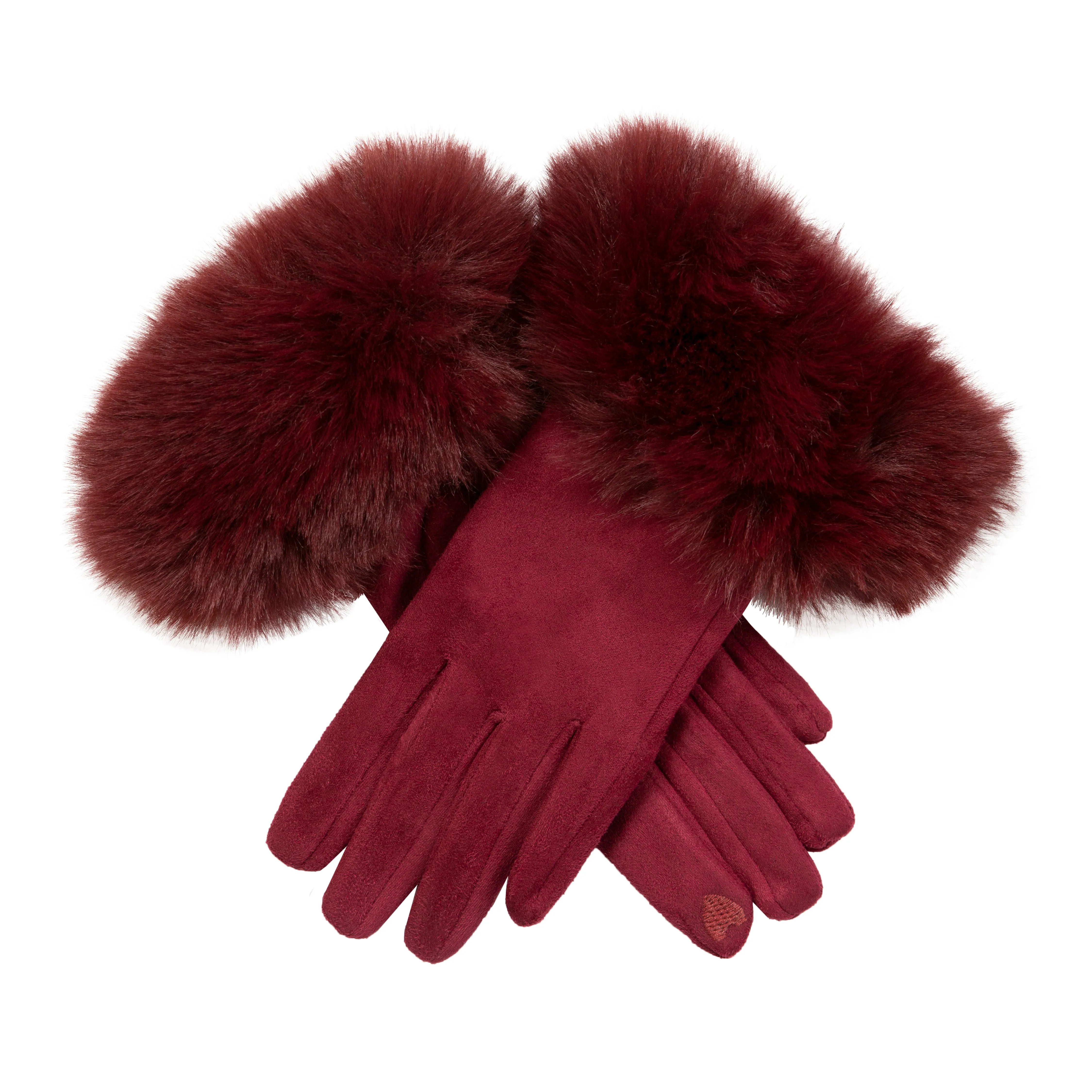 Women's Touchscreen Velour-Lined Faux Suede Gloves with Faux Fur Cuffs