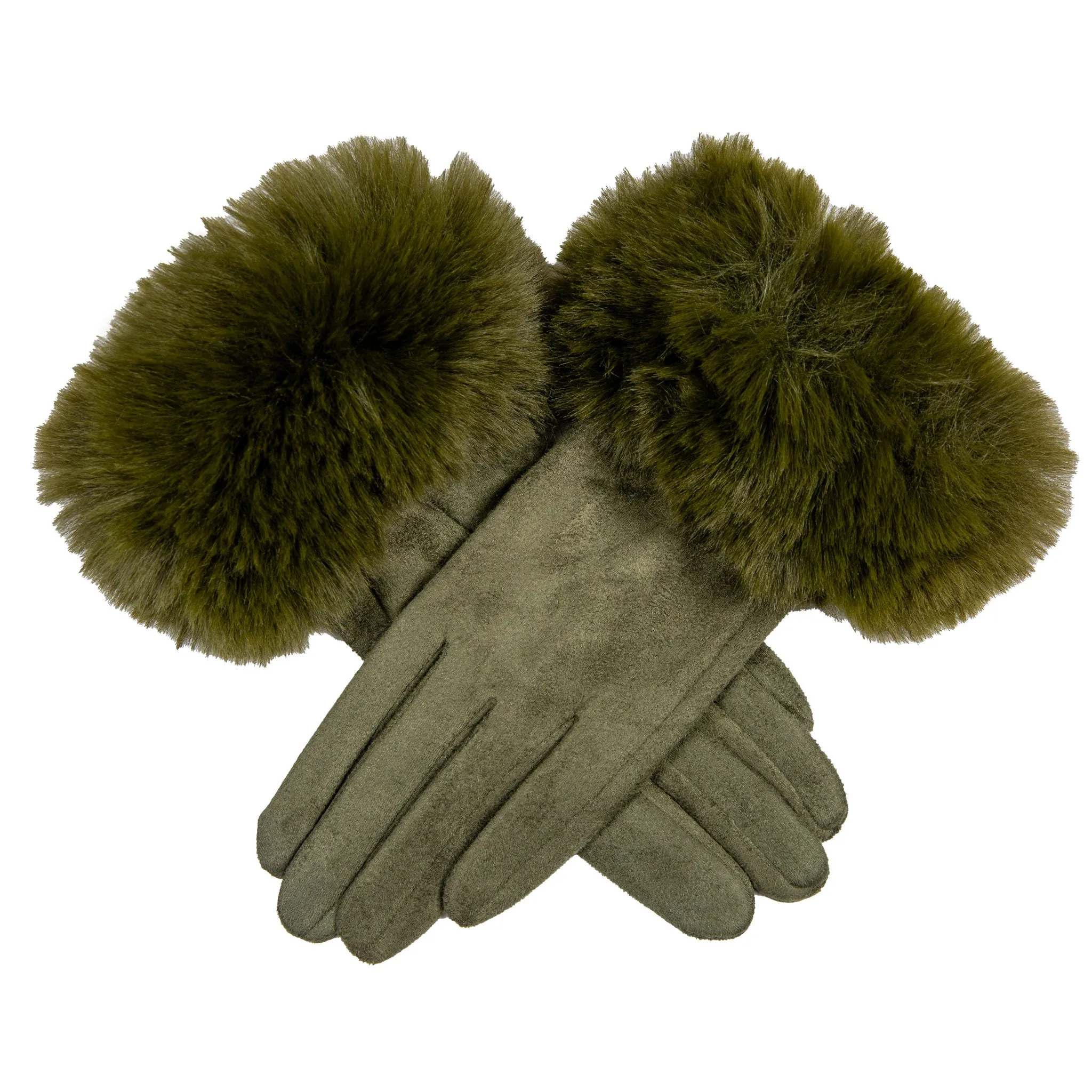 Women's Touchscreen Velour-Lined Faux Suede Gloves with Faux Fur Cuffs