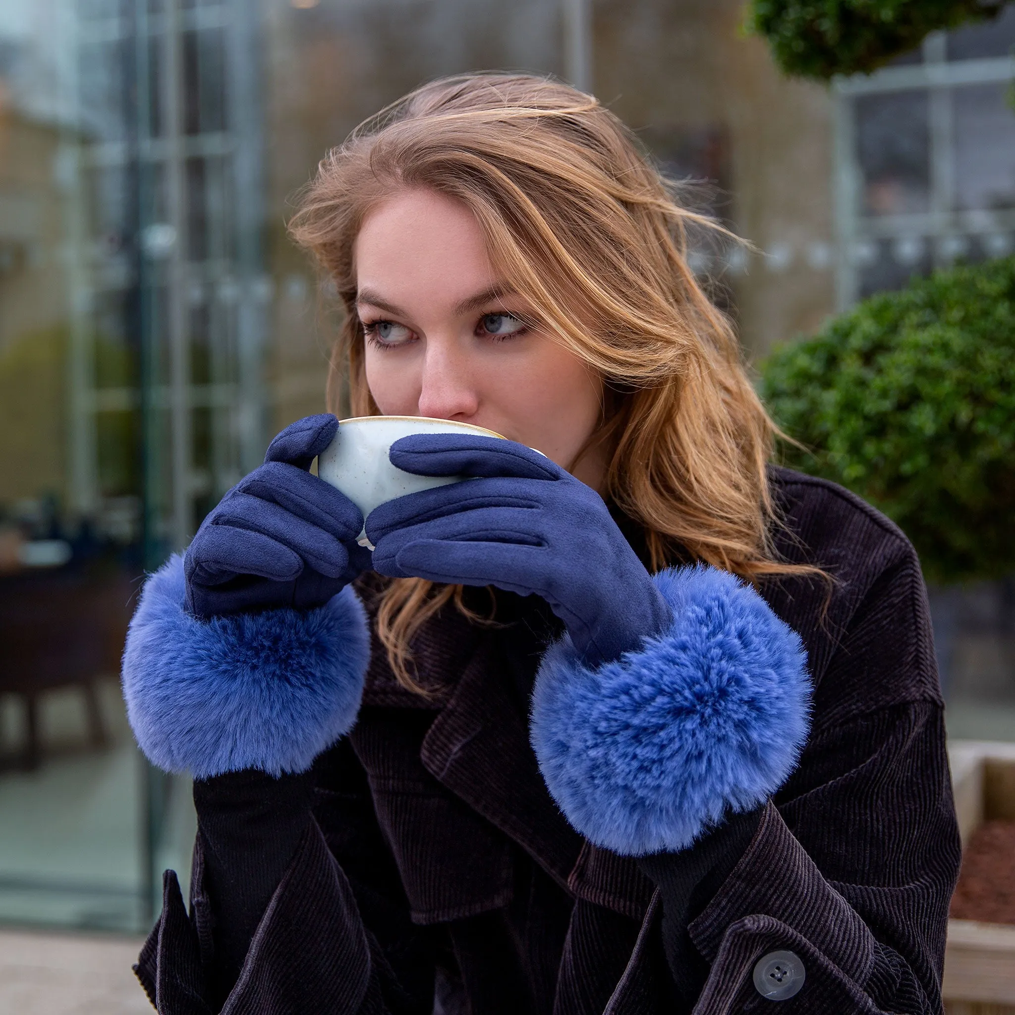 Women's Touchscreen Velour-Lined Faux Suede Gloves with Faux Fur Cuffs