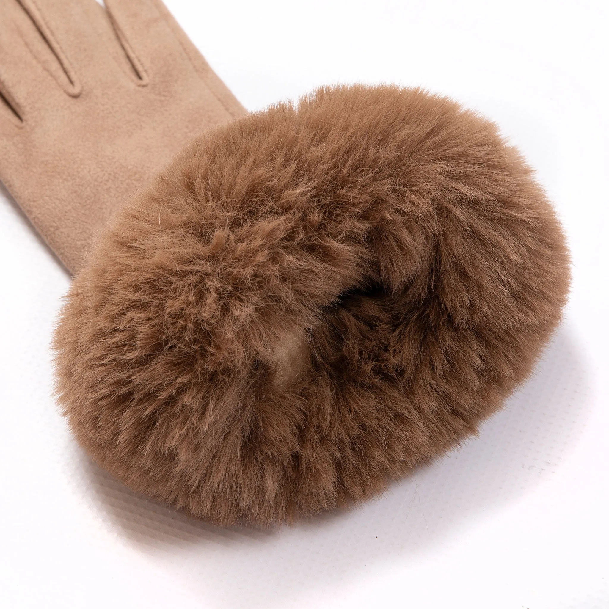 Women's Touchscreen Velour-Lined Faux Suede Gloves with Faux Fur Cuffs