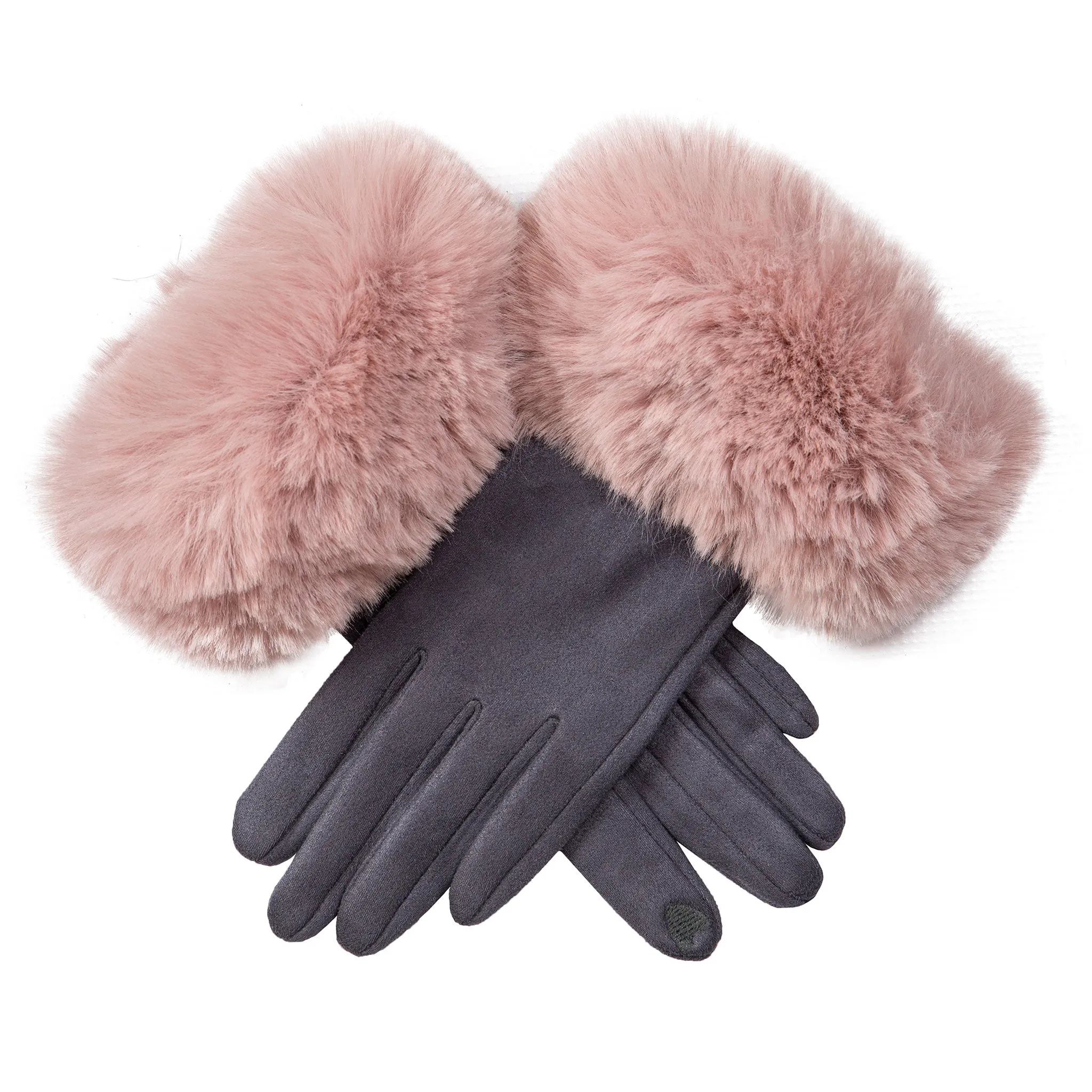 Women's Touchscreen Velour-Lined Faux Suede Gloves with Faux Fur Cuffs