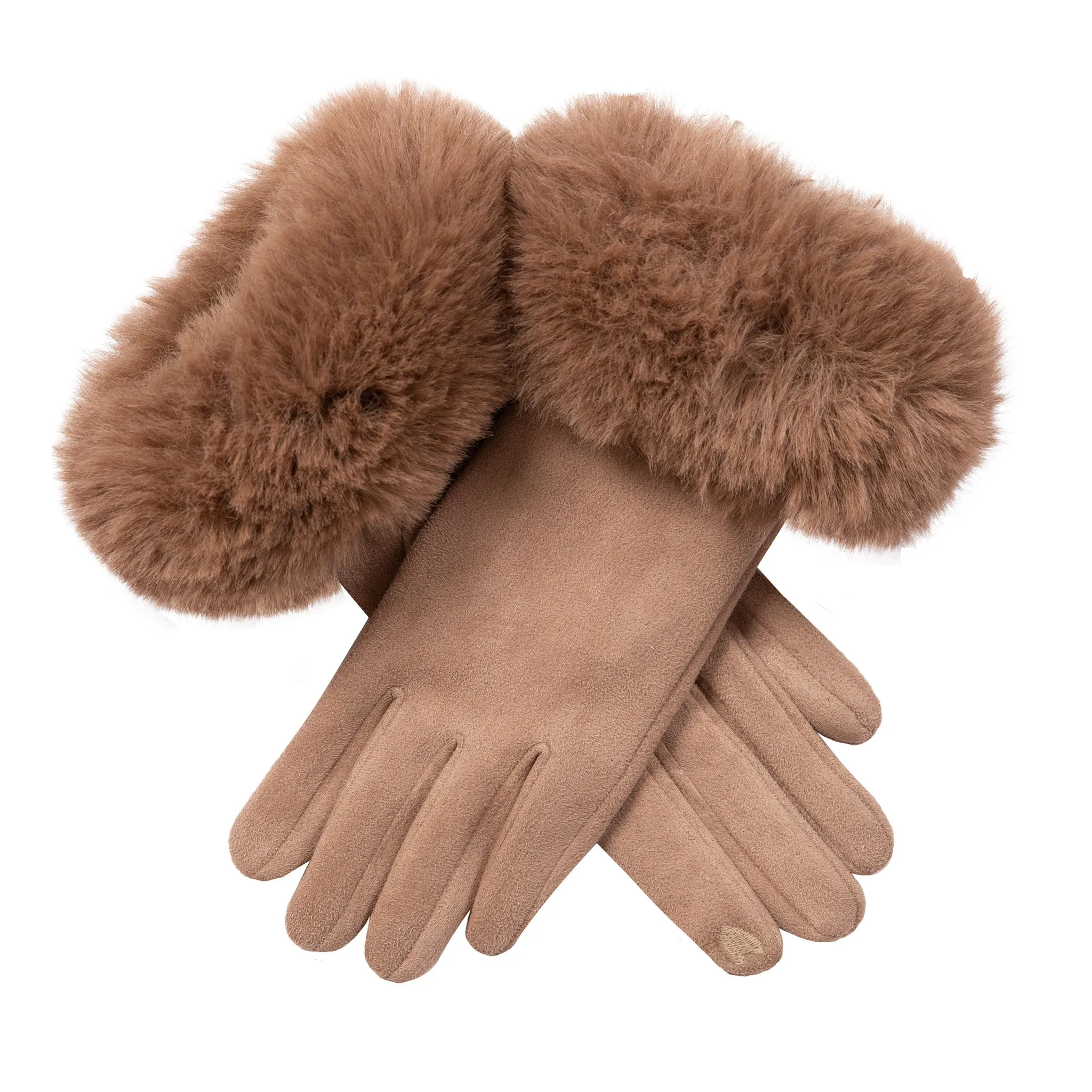 Women's Touchscreen Velour-Lined Faux Suede Gloves with Faux Fur Cuffs