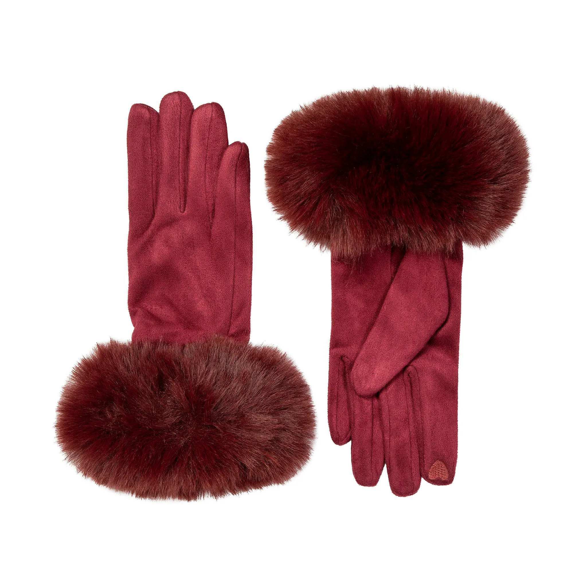 Women's Touchscreen Velour-Lined Faux Suede Gloves with Faux Fur Cuffs