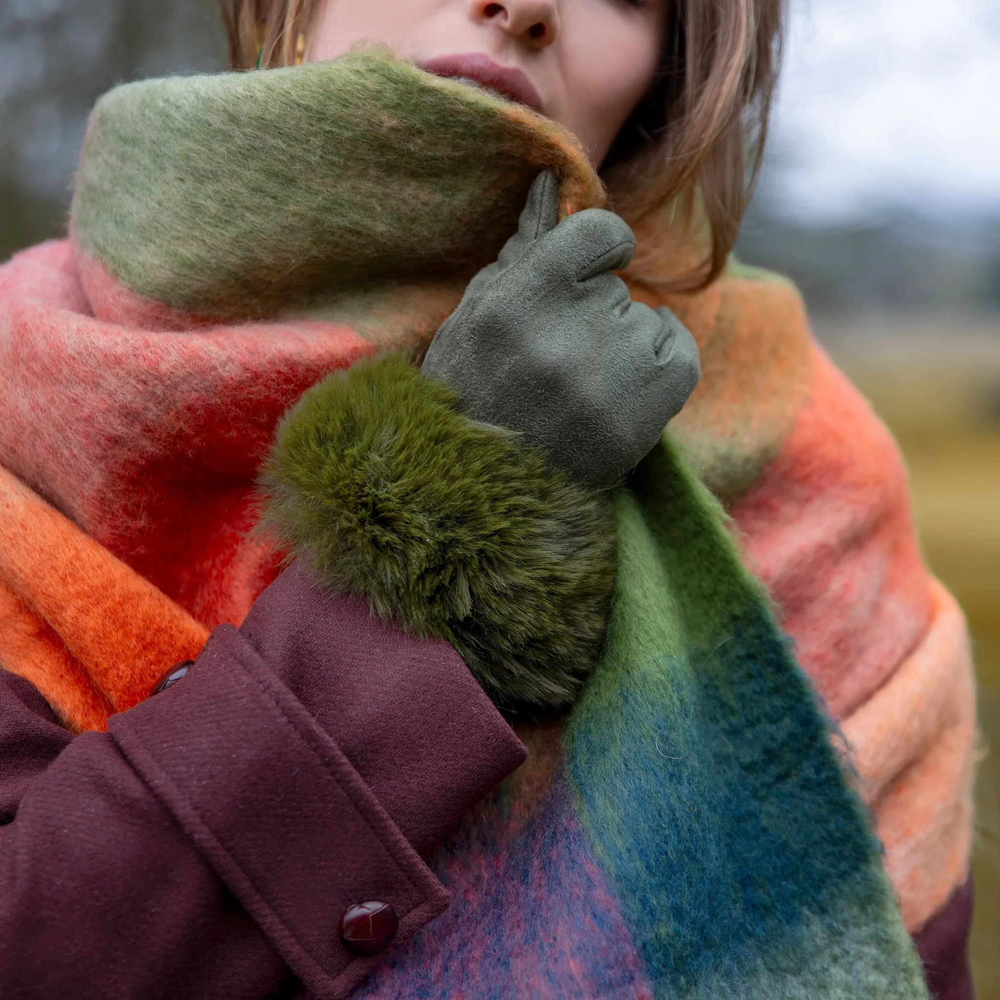 Women's Touchscreen Velour-Lined Faux Suede Gloves with Faux Fur Cuffs