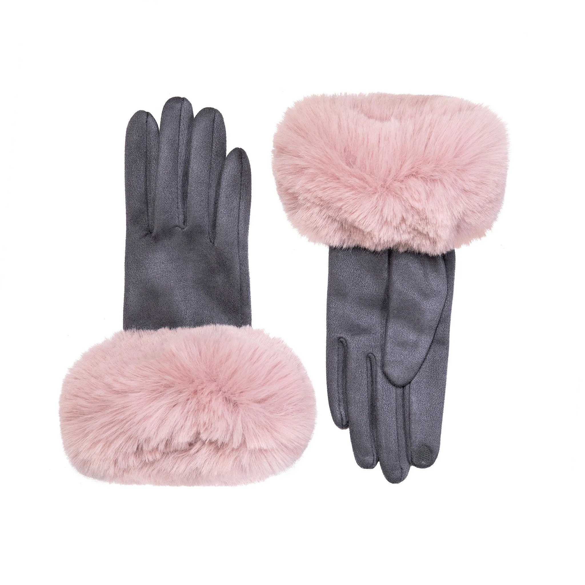 Women's Touchscreen Velour-Lined Faux Suede Gloves with Faux Fur Cuffs