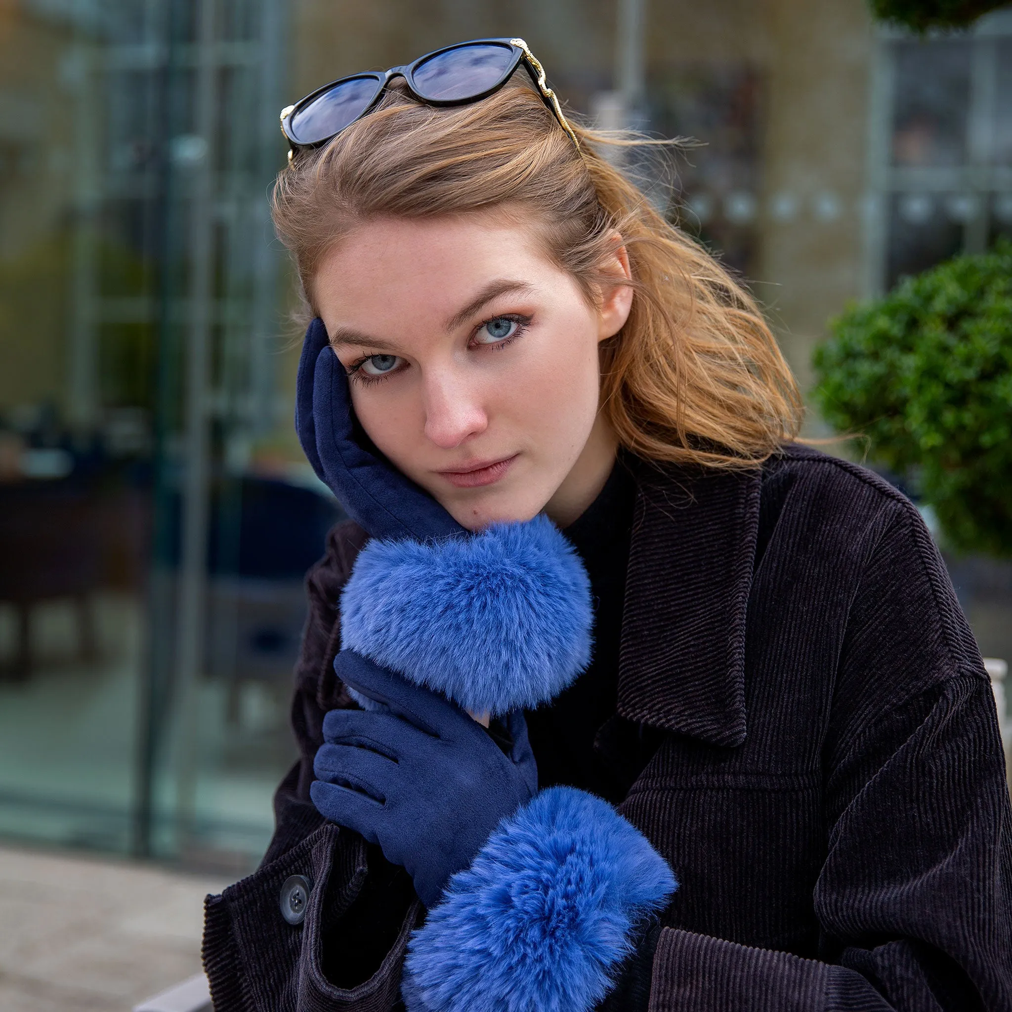 Women's Touchscreen Velour-Lined Faux Suede Gloves with Faux Fur Cuffs