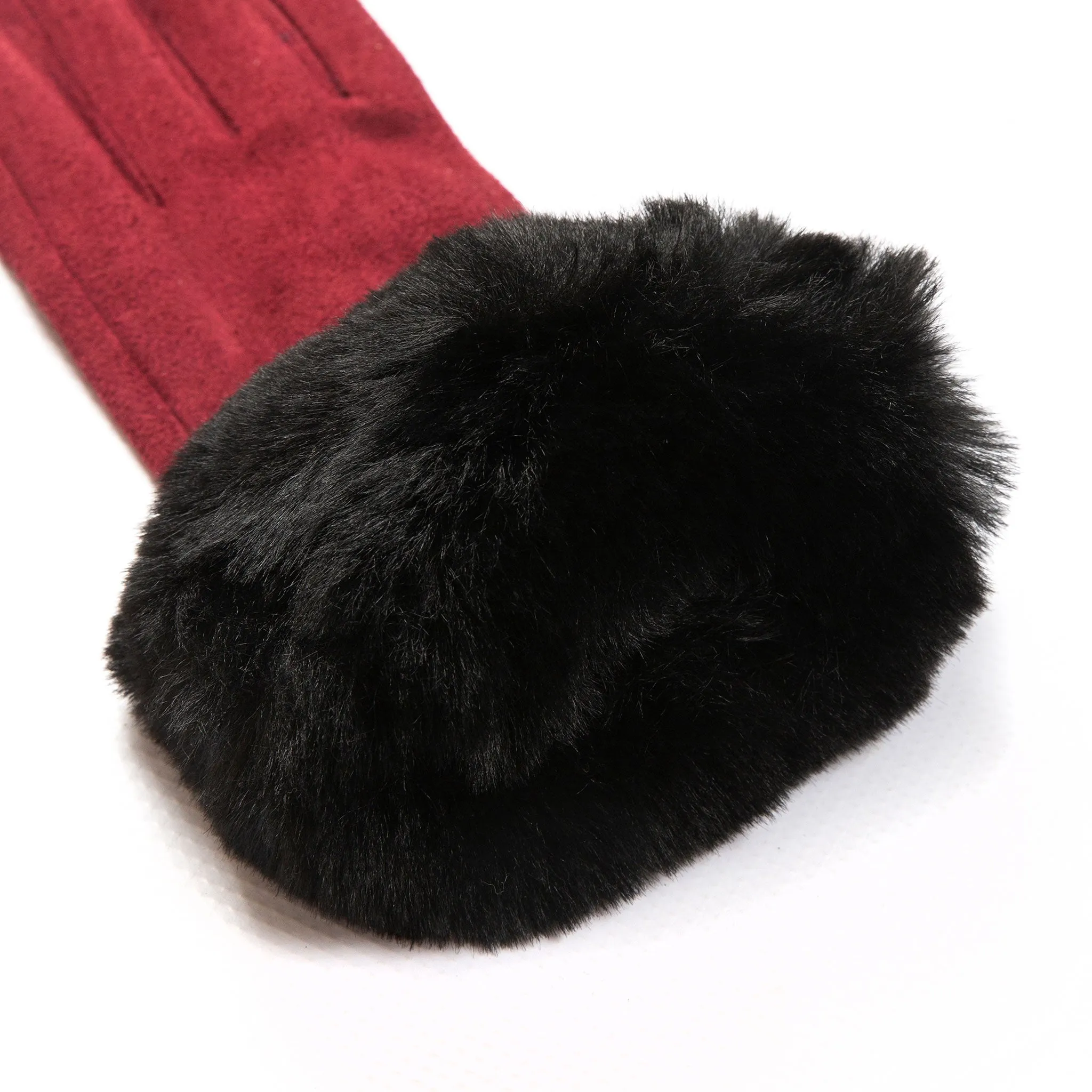 Women's Touchscreen Velour-Lined Faux Suede Gloves with Faux Fur Cuffs