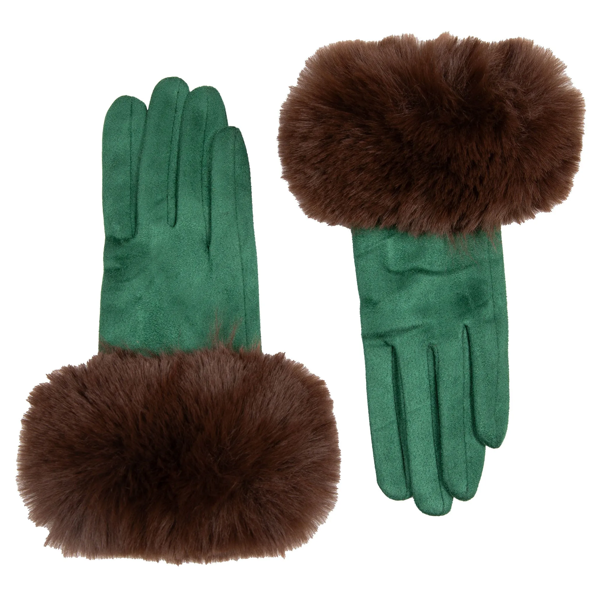 Women's Touchscreen Velour-Lined Faux Suede Gloves with Faux Fur Cuffs