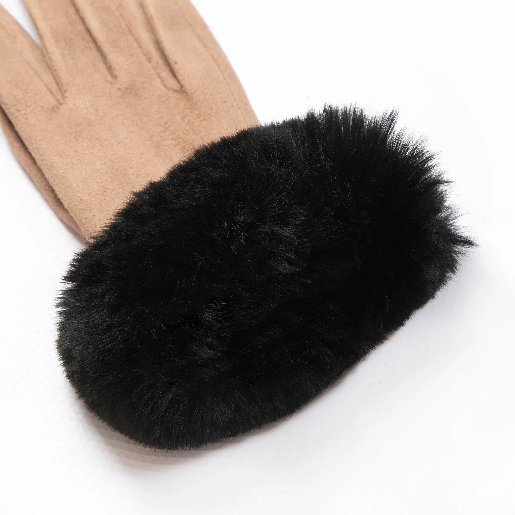 Women's Touchscreen Velour-Lined Faux Suede Gloves with Faux Fur Cuffs