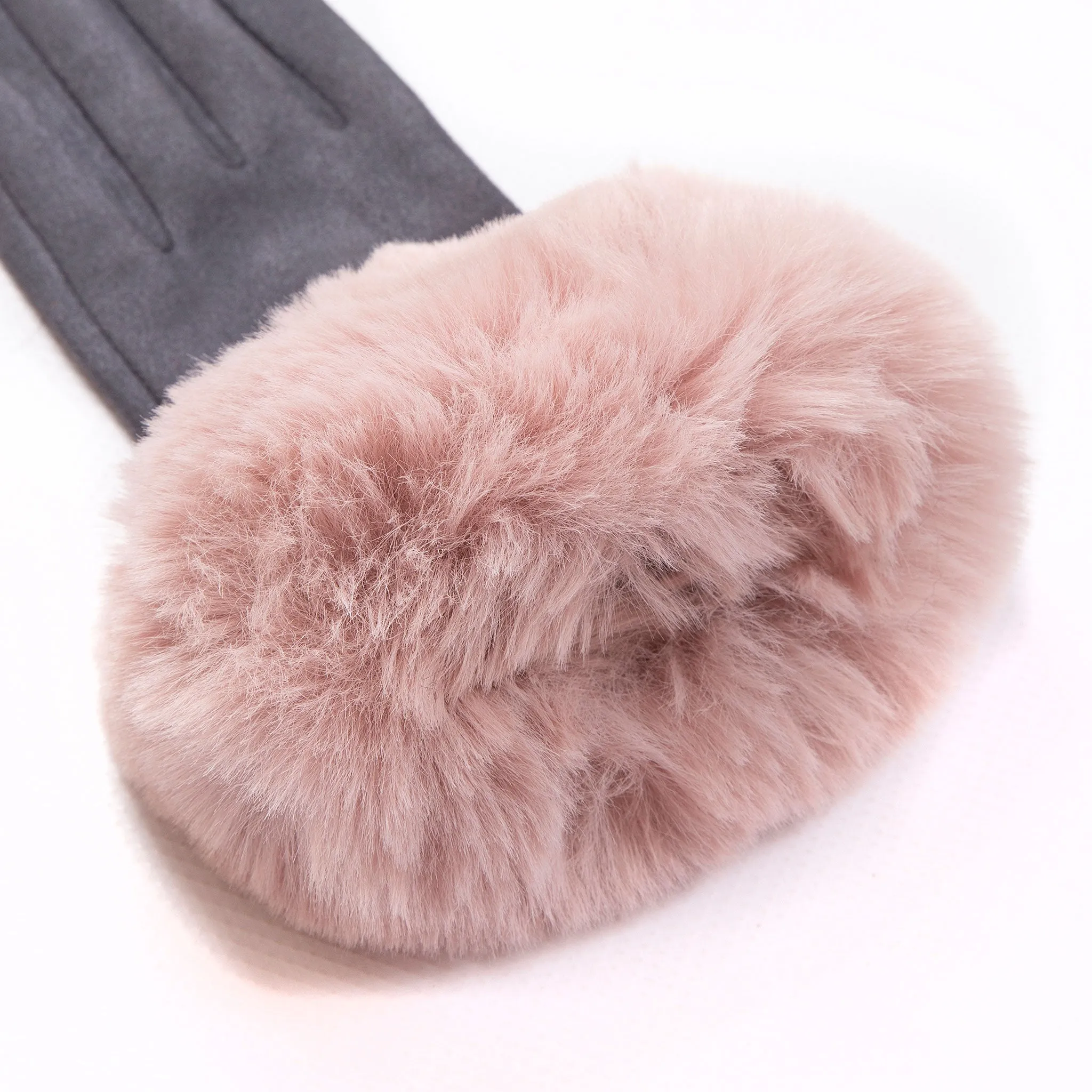 Women's Touchscreen Velour-Lined Faux Suede Gloves with Faux Fur Cuffs