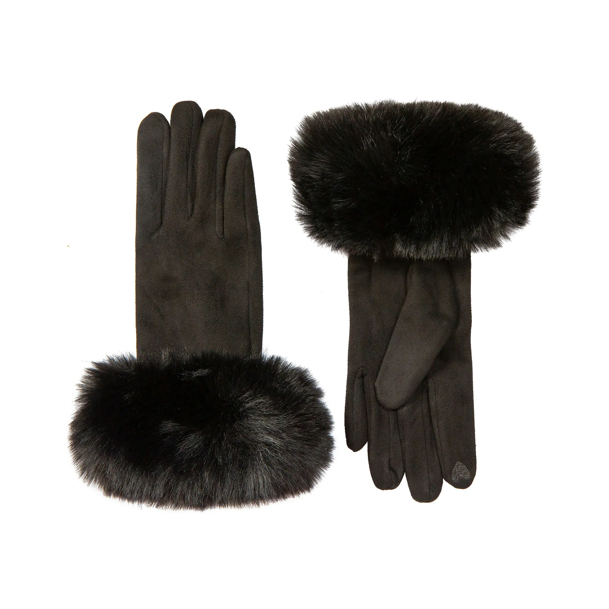 Women's Touchscreen Velour-Lined Faux Suede Gloves with Faux Fur Cuffs