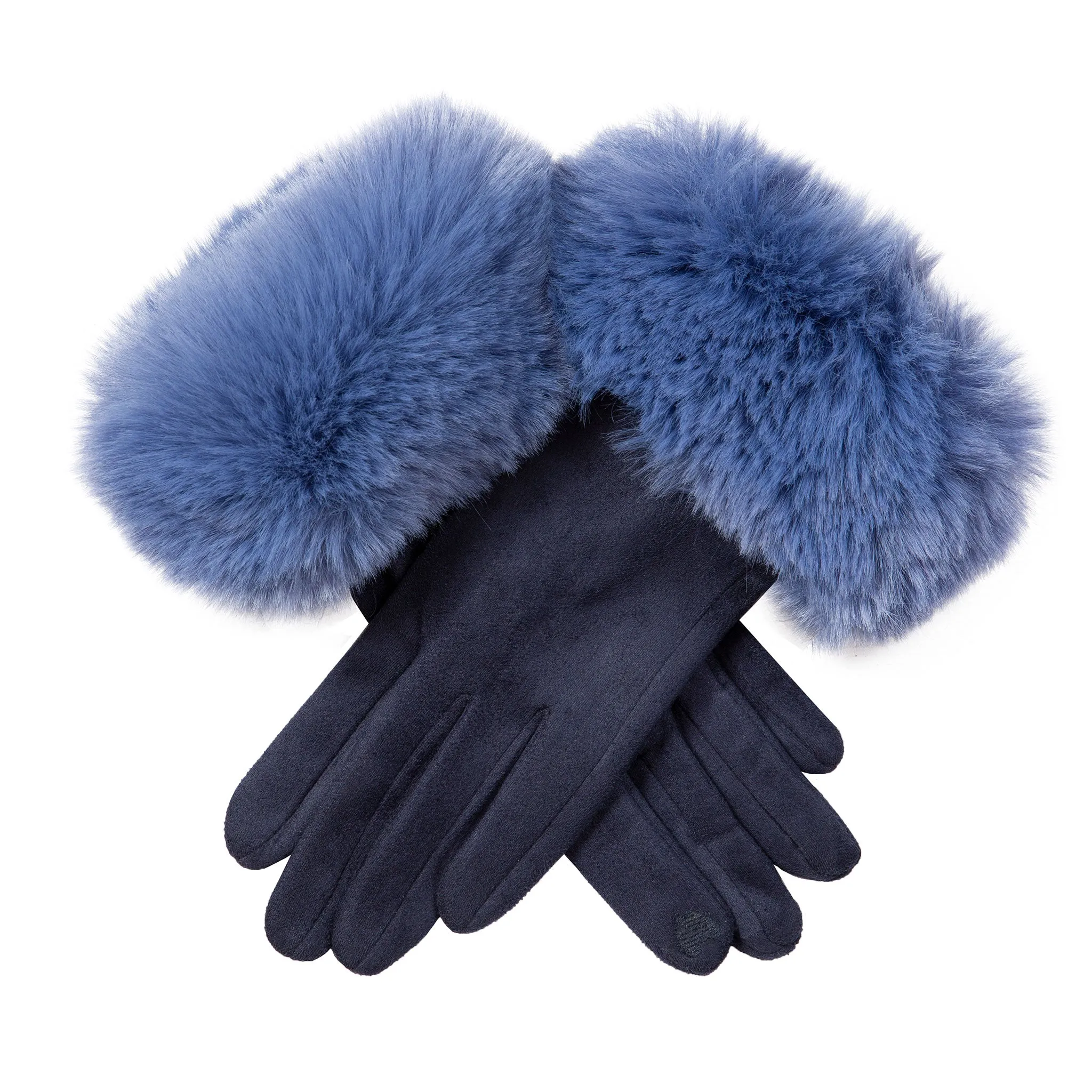 Women's Touchscreen Velour-Lined Faux Suede Gloves with Faux Fur Cuffs