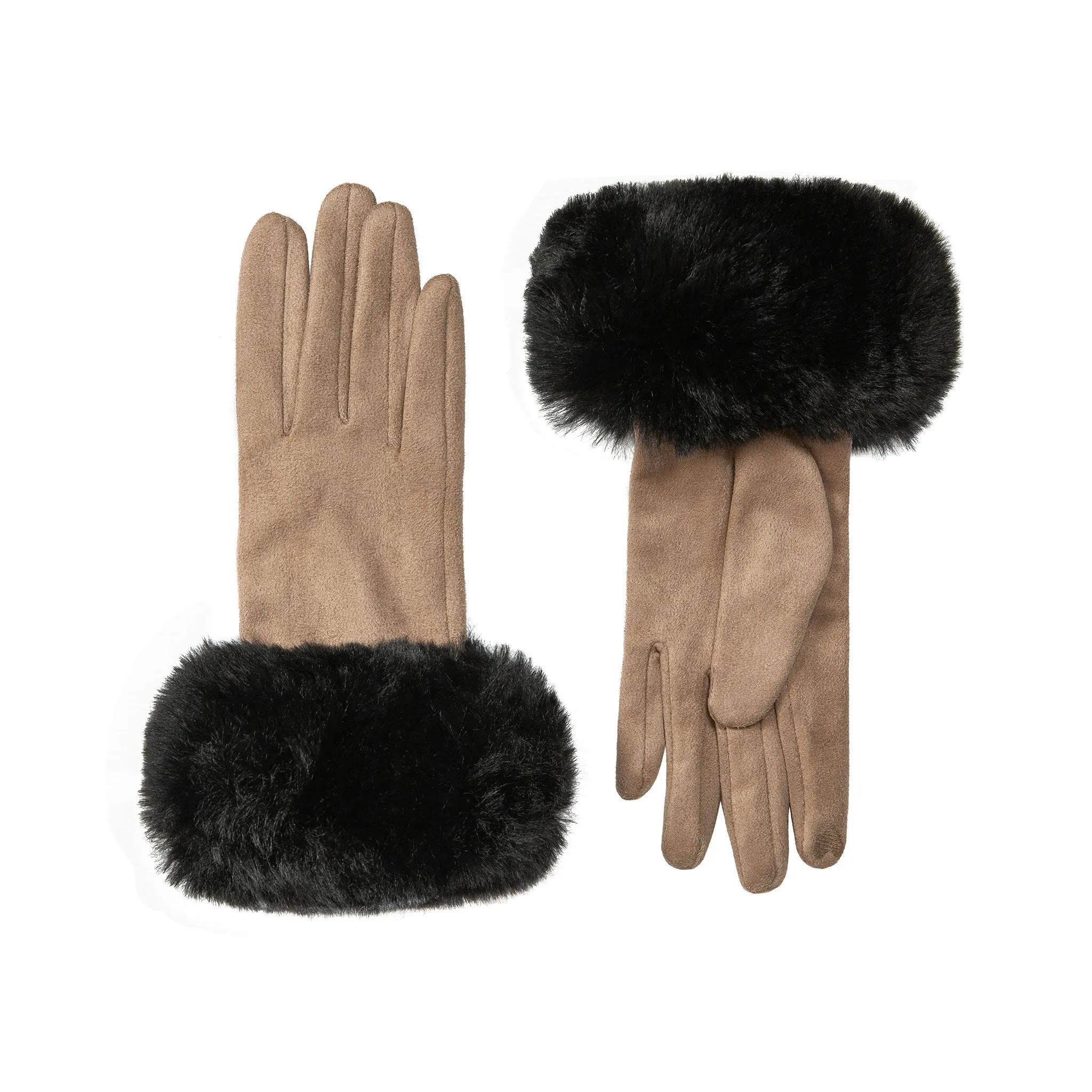 Women's Touchscreen Velour-Lined Faux Suede Gloves with Faux Fur Cuffs