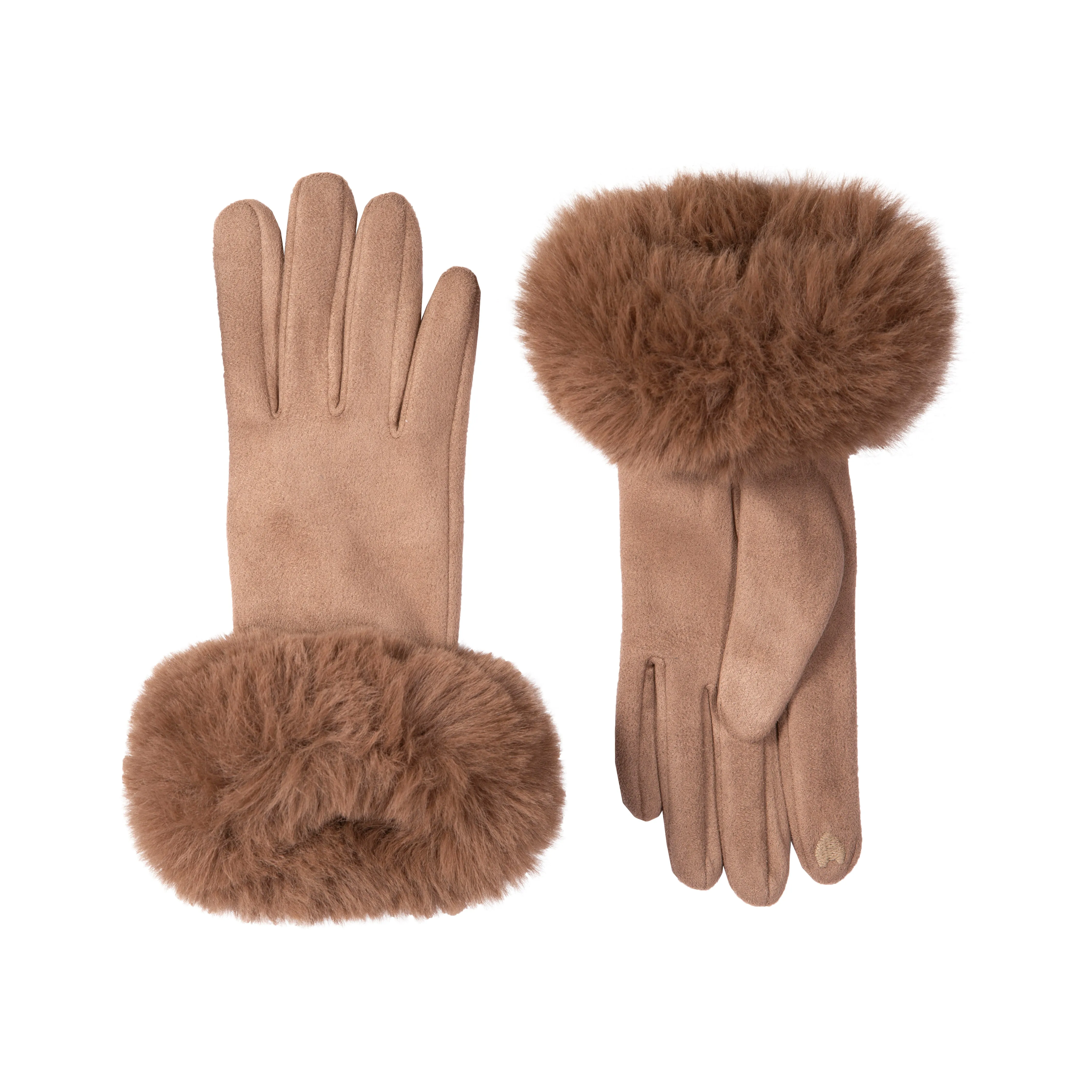 Women's Touchscreen Velour-Lined Faux Suede Gloves with Faux Fur Cuffs