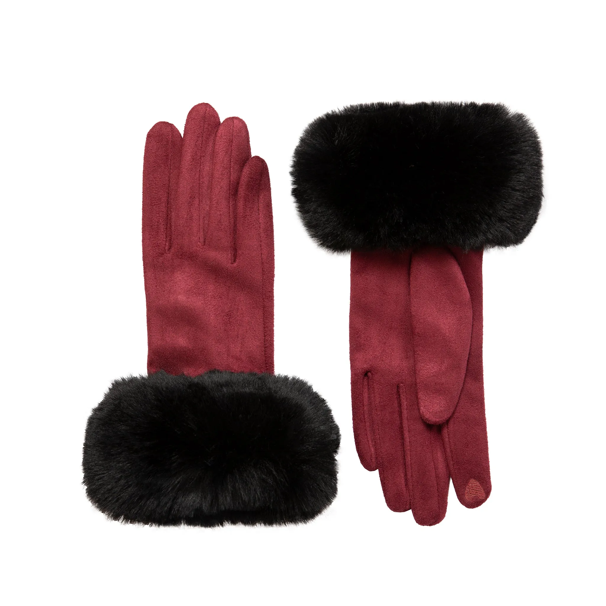 Women's Touchscreen Velour-Lined Faux Suede Gloves with Faux Fur Cuffs