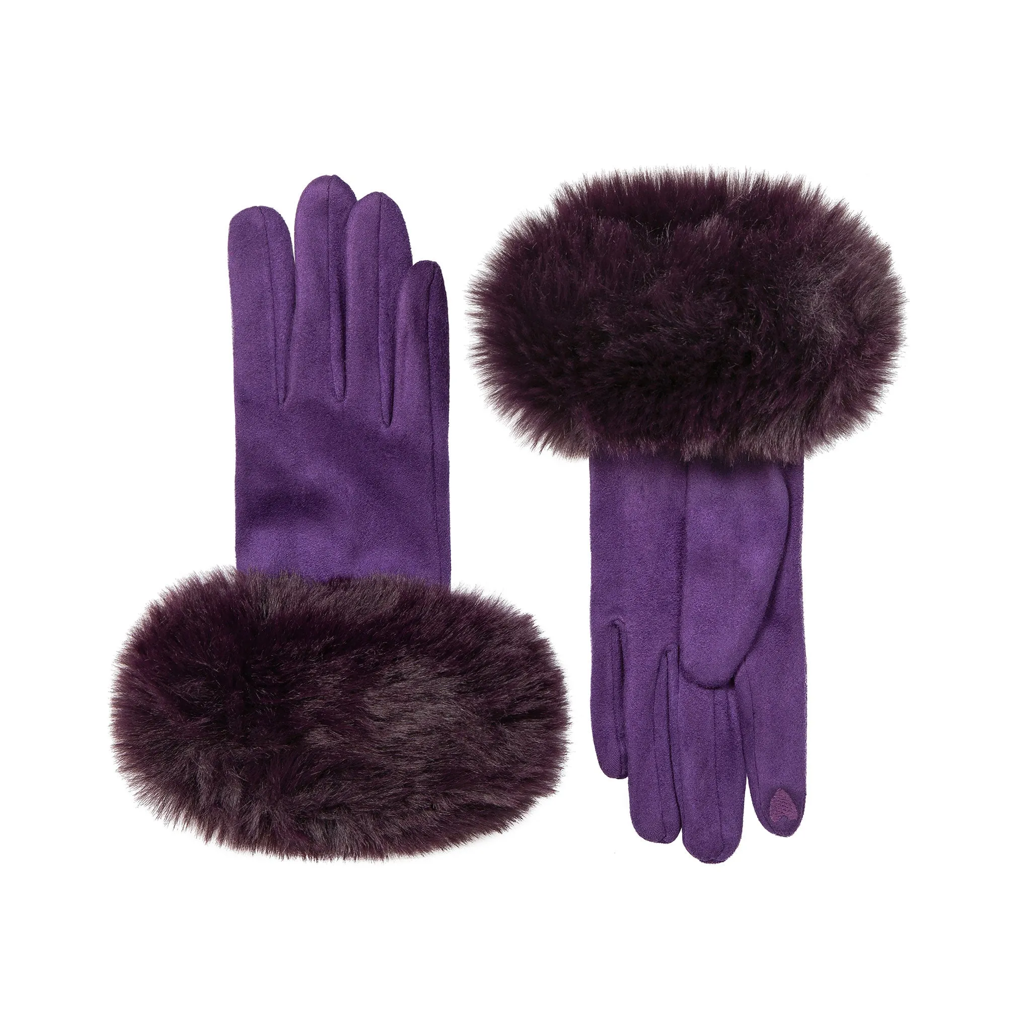 Women's Touchscreen Velour-Lined Faux Suede Gloves with Faux Fur Cuffs