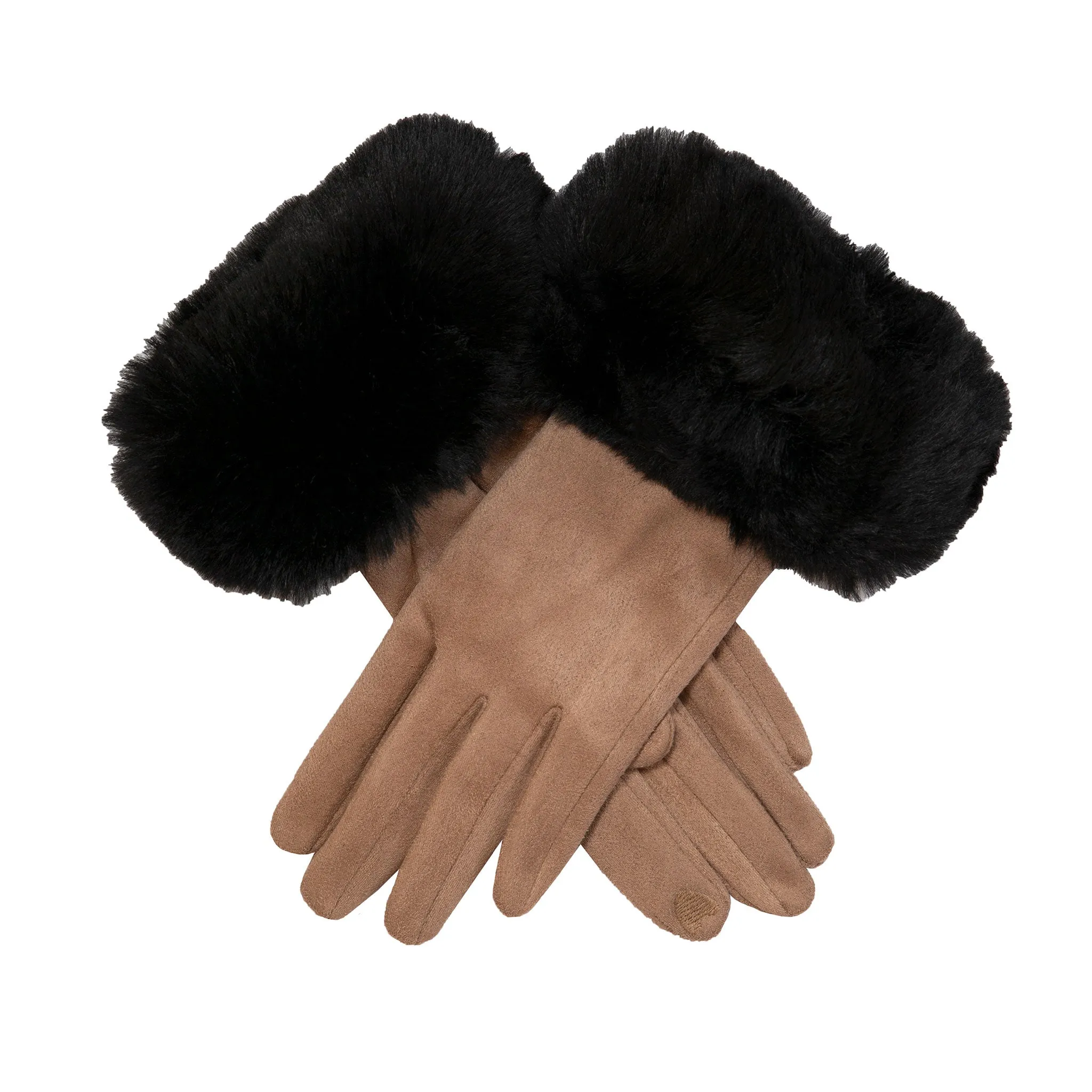 Women's Touchscreen Velour-Lined Faux Suede Gloves with Faux Fur Cuffs