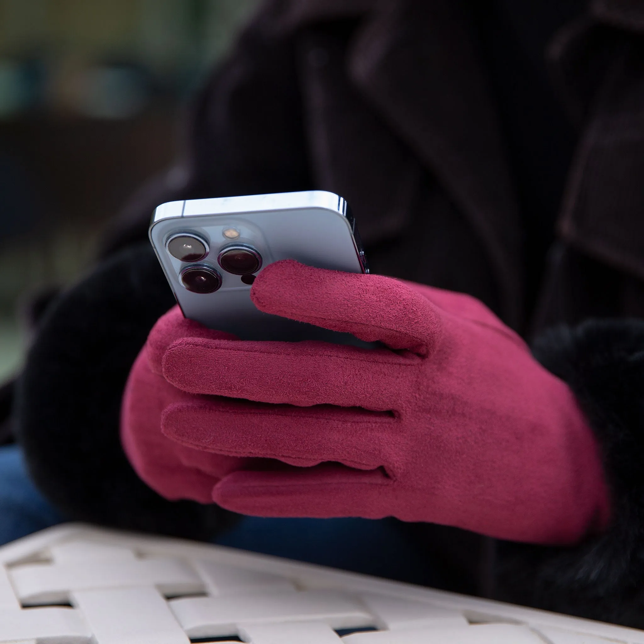 Women's Touchscreen Velour-Lined Faux Suede Gloves with Faux Fur Cuffs