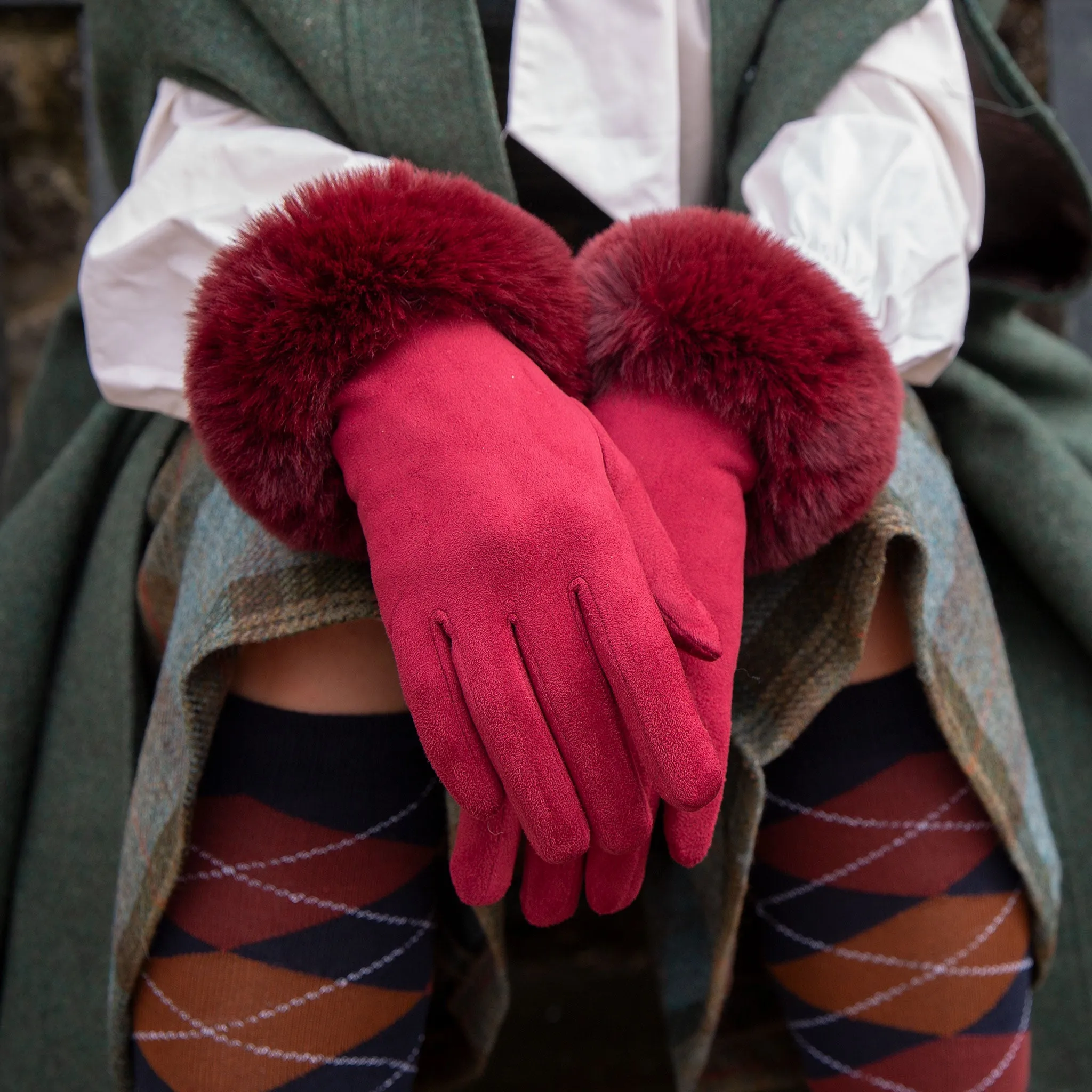 Women's Touchscreen Velour-Lined Faux Suede Gloves with Faux Fur Cuffs