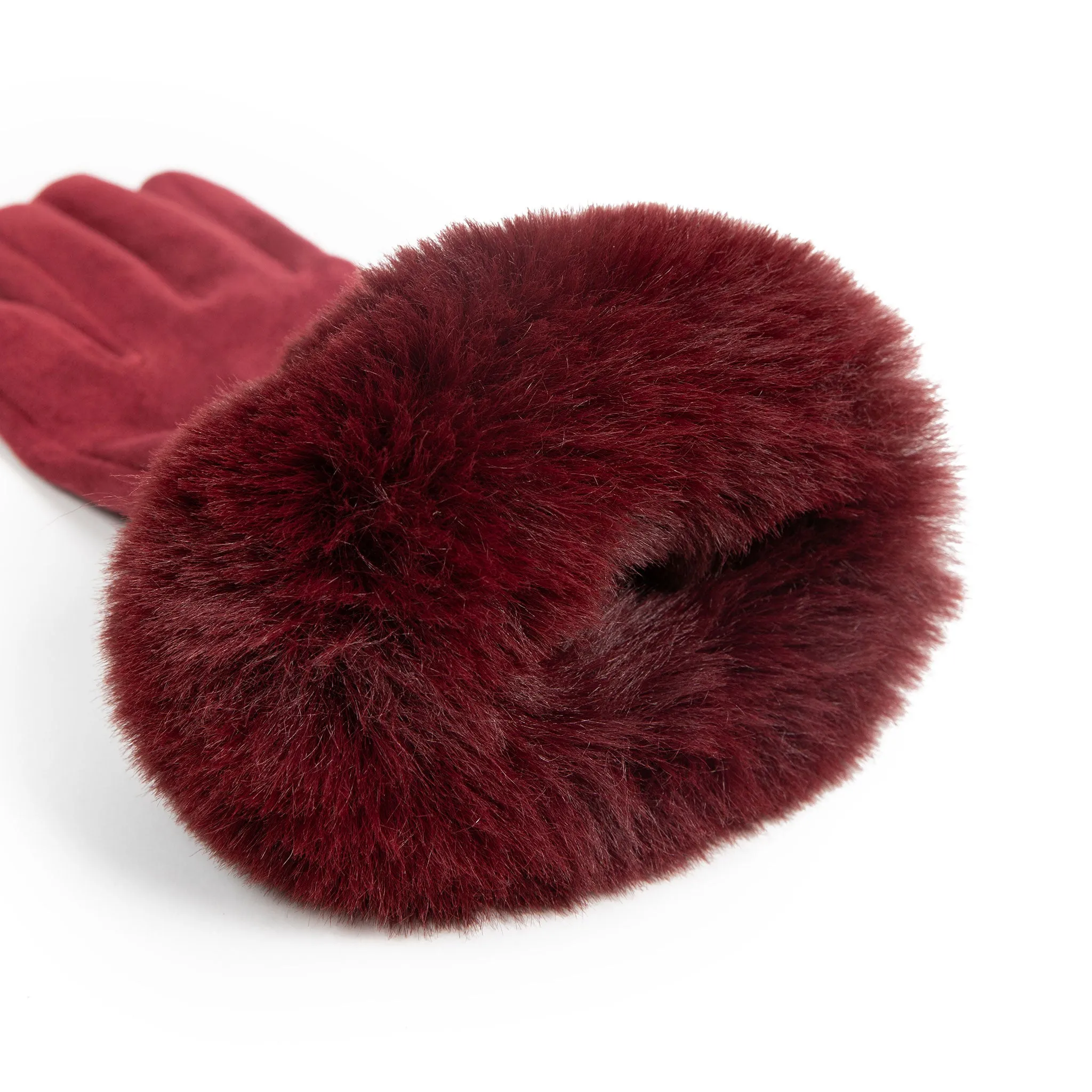 Women's Touchscreen Velour-Lined Faux Suede Gloves with Faux Fur Cuffs